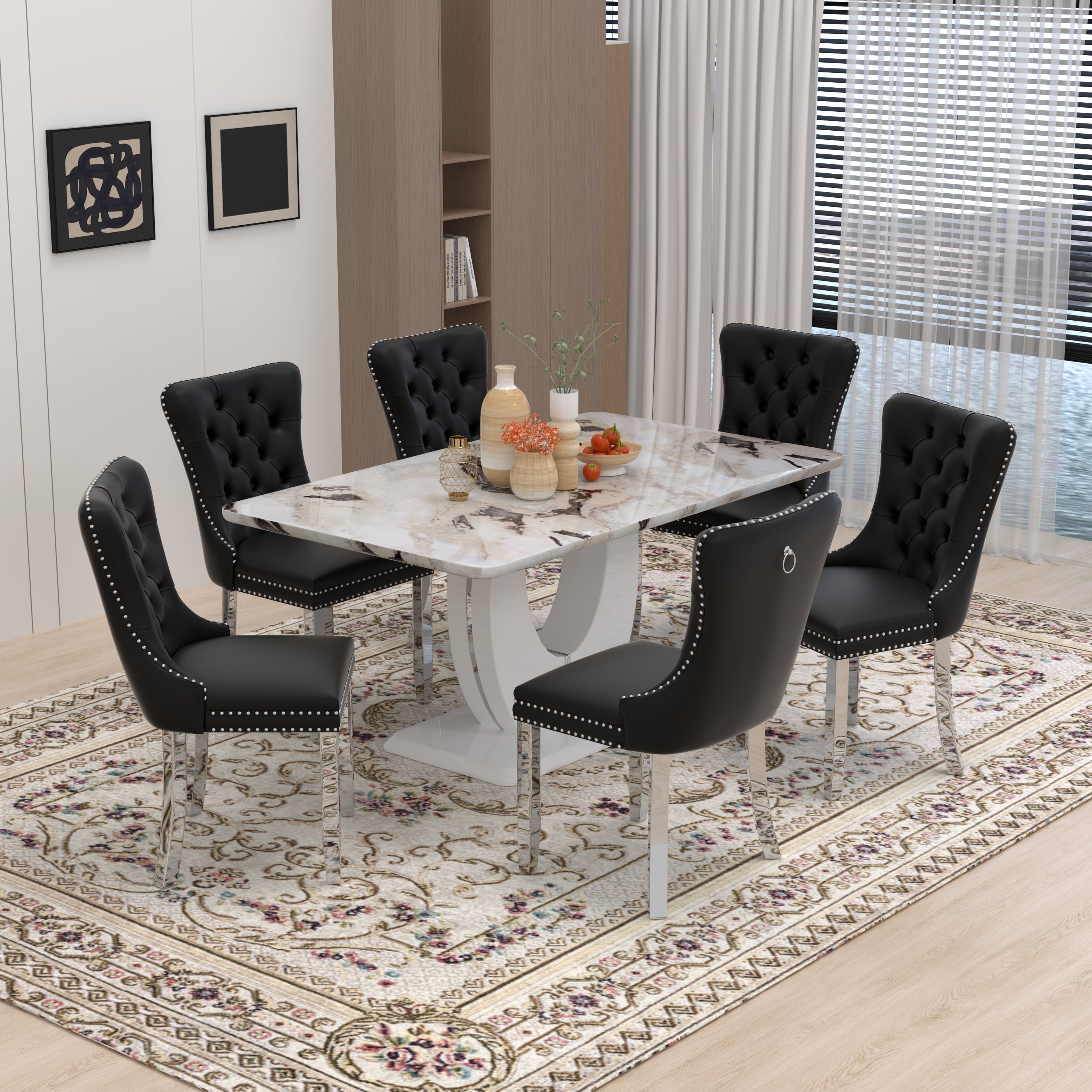 63 Modern White Rectangle Faux Marble Dining Table Room Sets for 4,Dining Table with 4 Velvet Dining Chairs,White Table and 4 Gray Chairs with Silver Leg