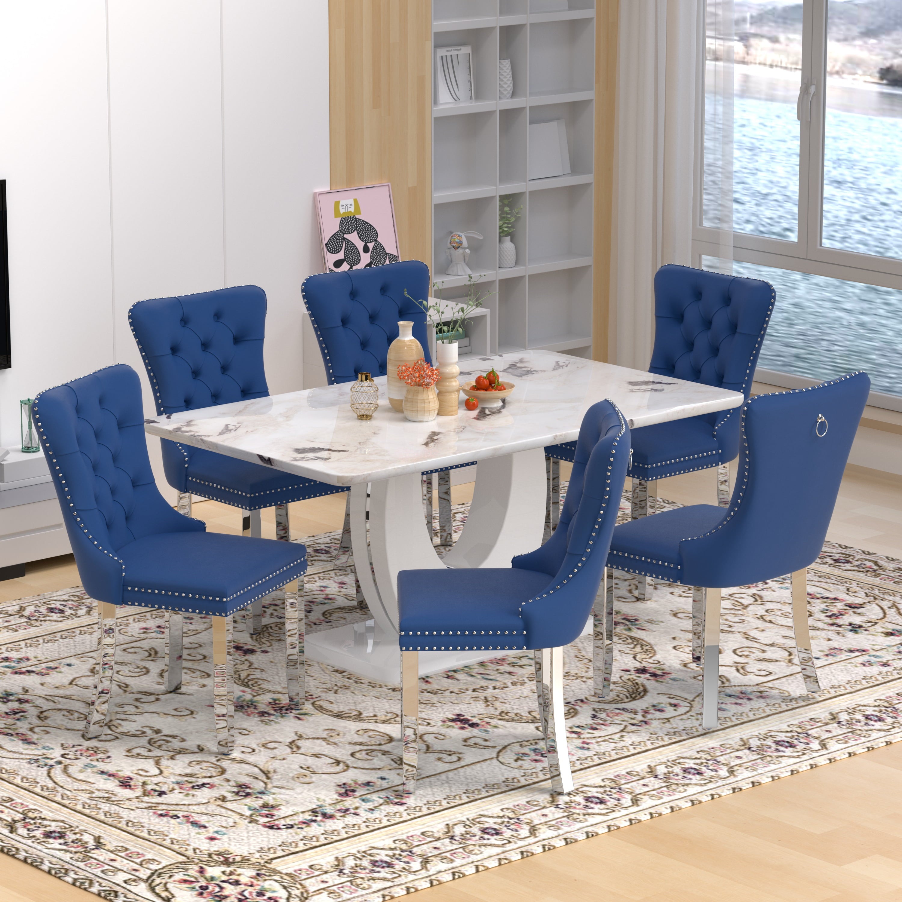 63 Modern White Rectangle Faux Marble Dining Table Room Sets for 4,Dining Table with 4 Velvet Dining Chairs,White Table and 4 Gray Chairs with Silver Leg