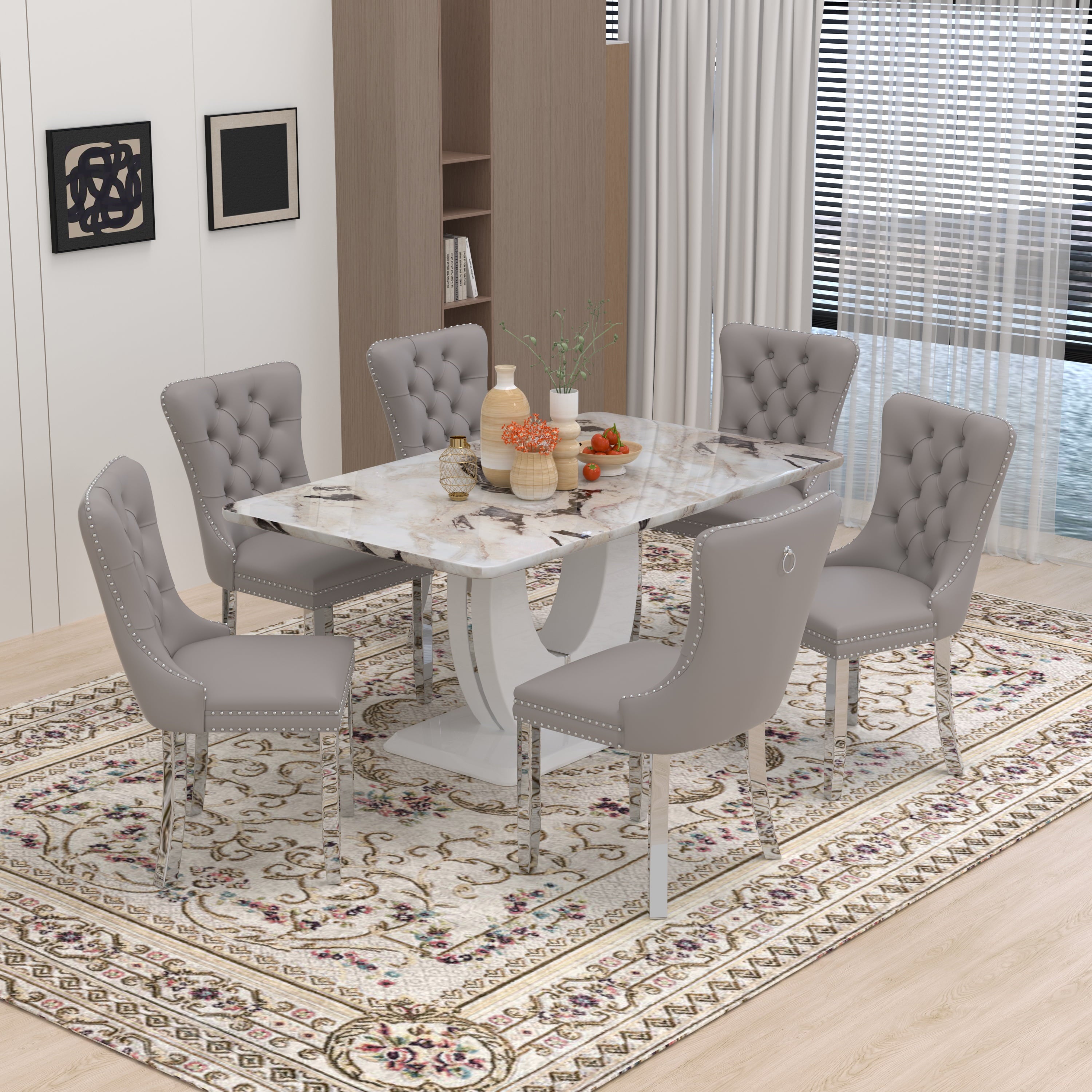 63 Modern White Rectangle Faux Marble Dining Table Room Sets for 4,Dining Table with 4 Velvet Dining Chairs,White Table and 4 Gray Chairs with Silver Leg