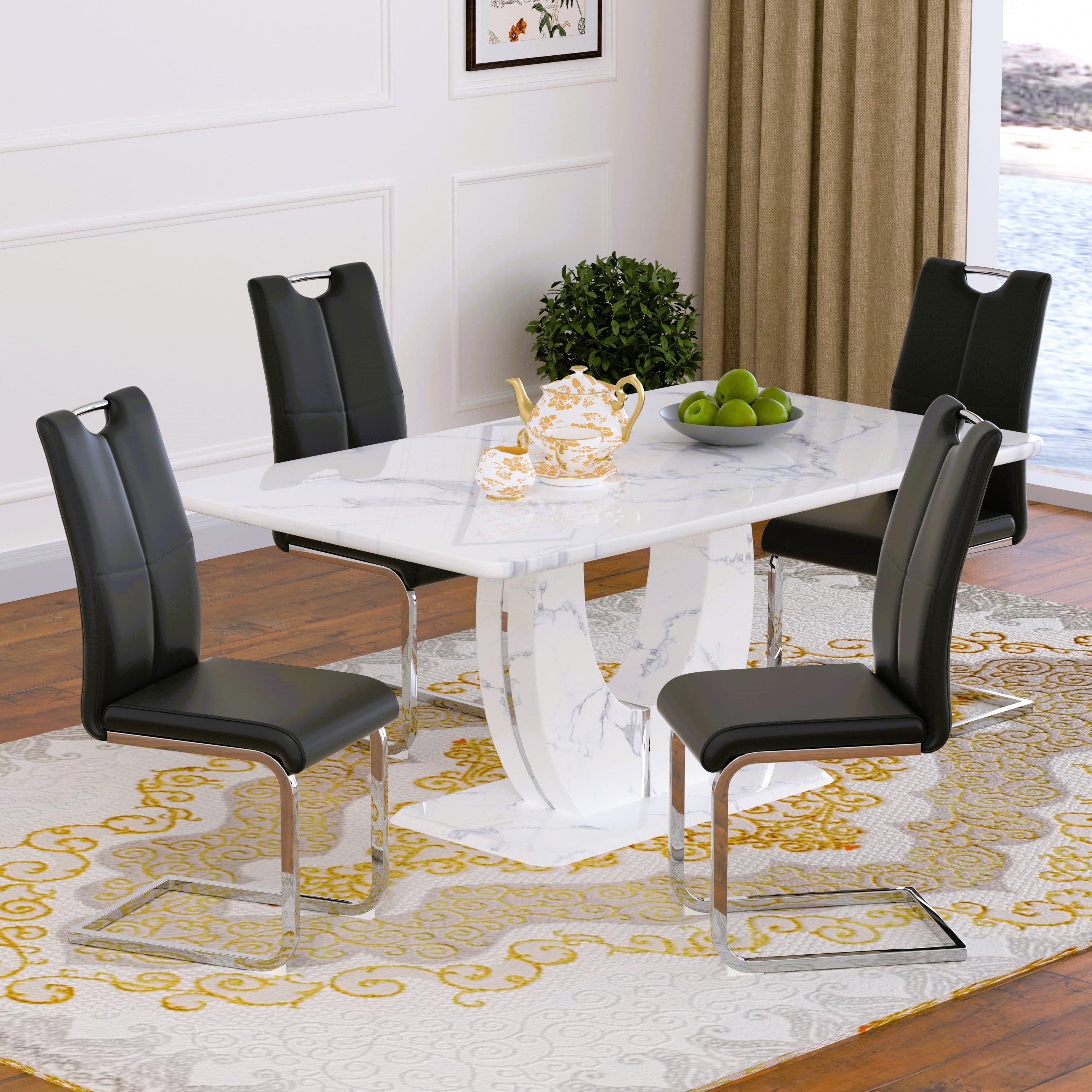 63 Modern White Rectangle Faux Marble Dining Table Room Sets for 4,Dining Table with 4 Velvet Dining Chairs,White Table and 4 Gray Chairs with Silver Leg