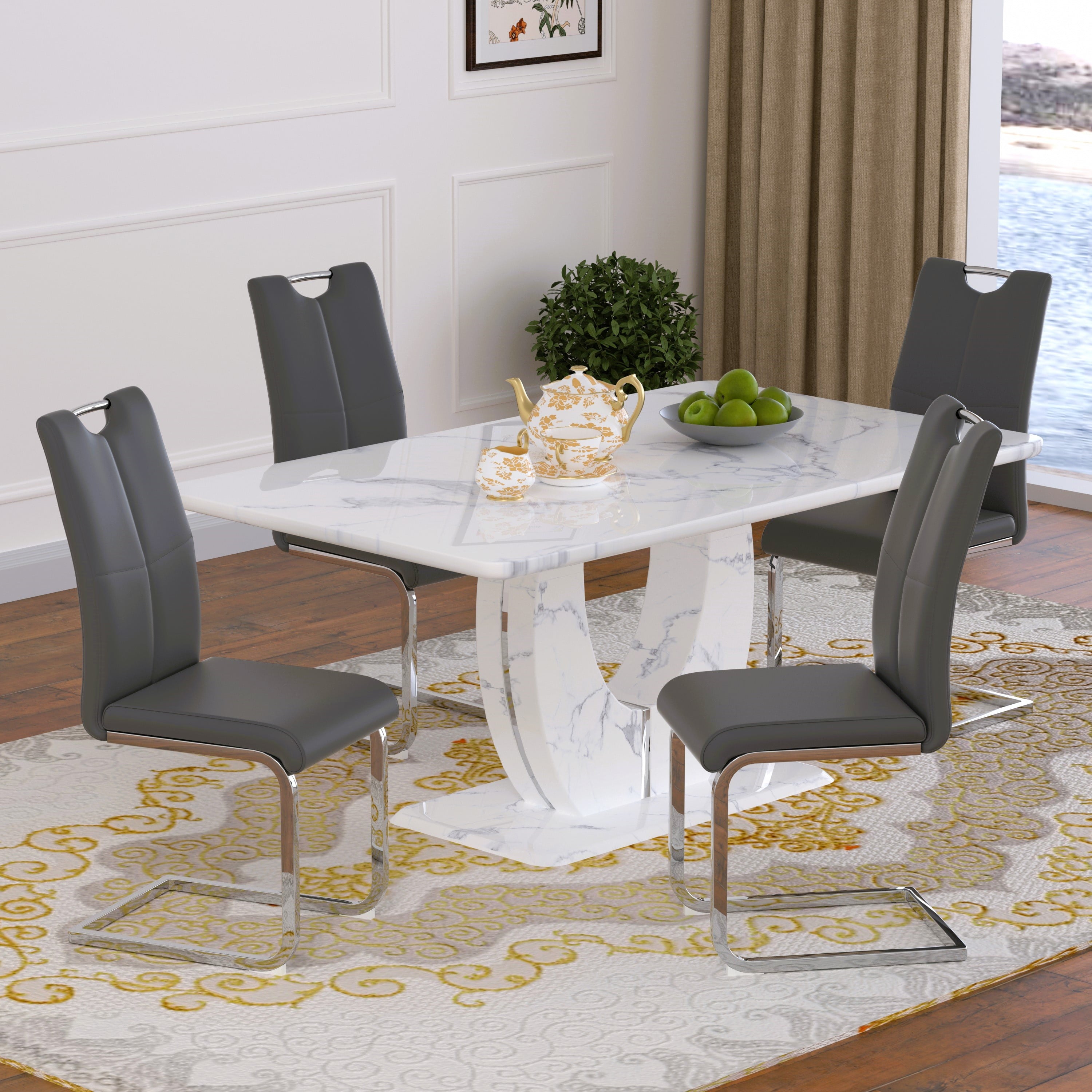 63 Modern White Rectangle Faux Marble Dining Table Room Sets for 4,Dining Table with 4 Velvet Dining Chairs,White Table and 4 Gray Chairs with Silver Leg