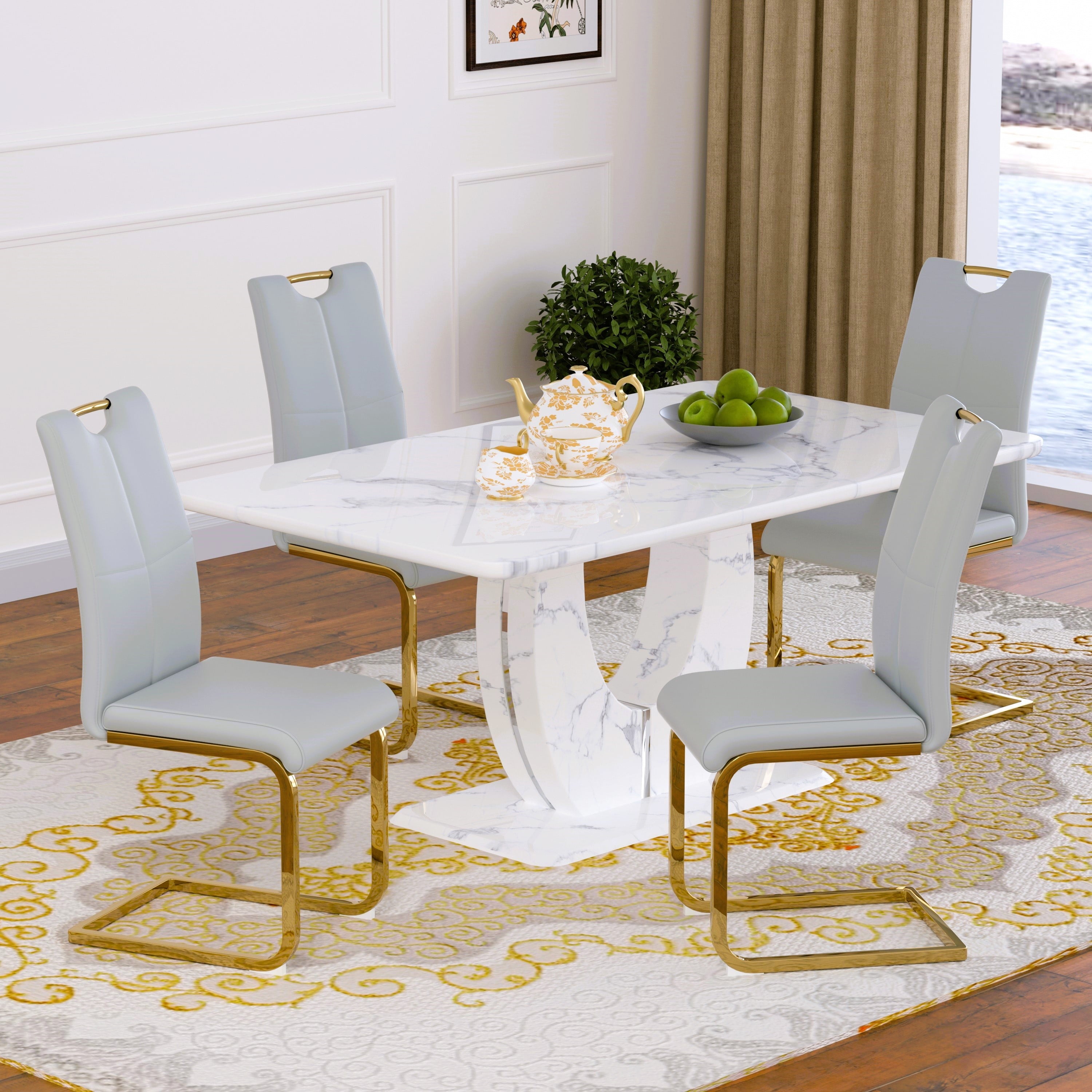 63 Modern White Rectangle Faux Marble Dining Table Room Sets for 4,Dining Table with 4 Velvet Dining Chairs,White Table and 4 Gray Chairs with Silver Leg