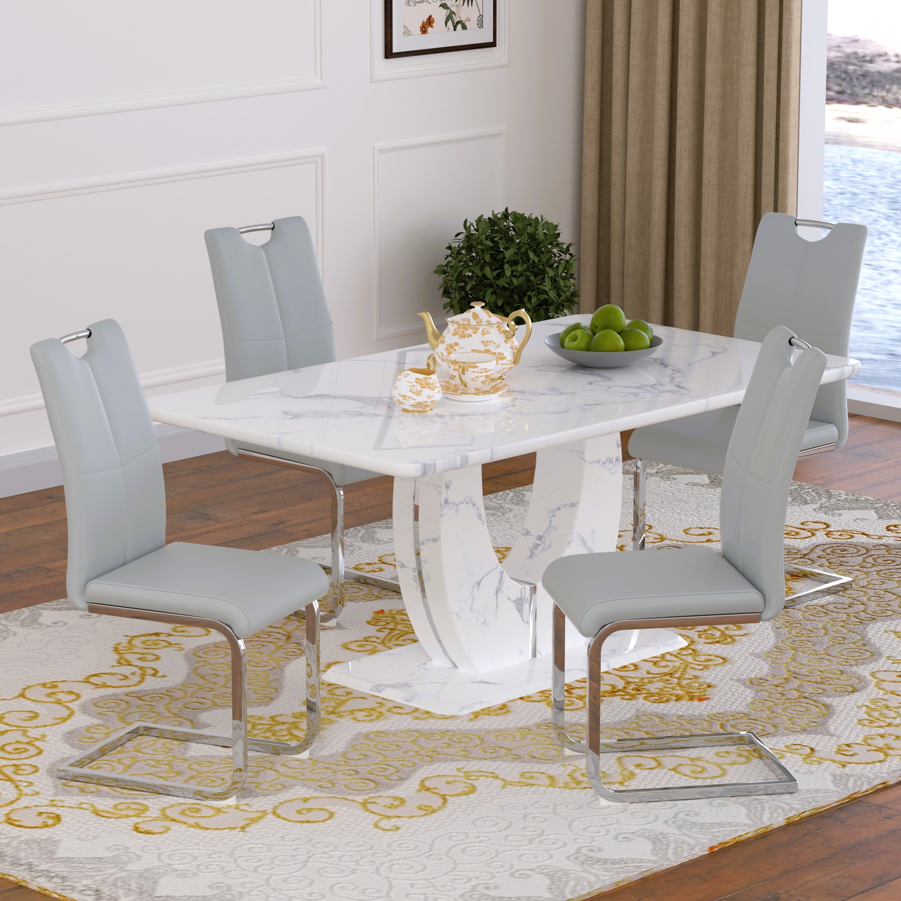 63 Modern White Rectangle Faux Marble Dining Table Room Sets for 4,Dining Table with 4 Velvet Dining Chairs,White Table and 4 Gray Chairs with Silver Leg