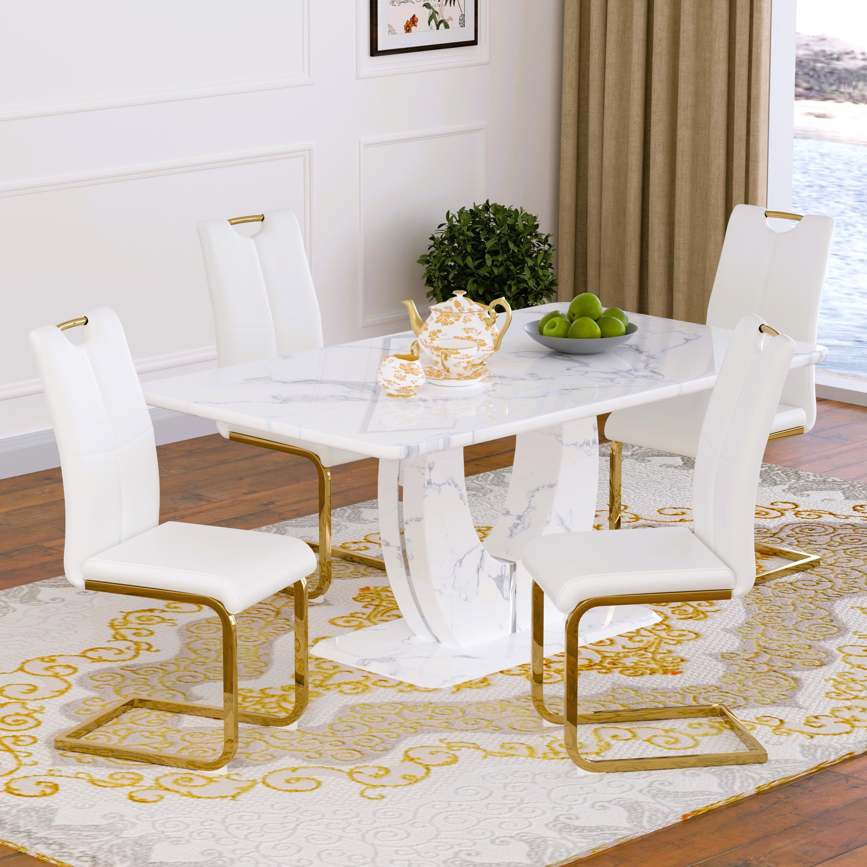 63 Modern White Rectangle Faux Marble Dining Table Room Sets for 4,Dining Table with 4 Velvet Dining Chairs,White Table and 4 Gray Chairs with Silver Leg