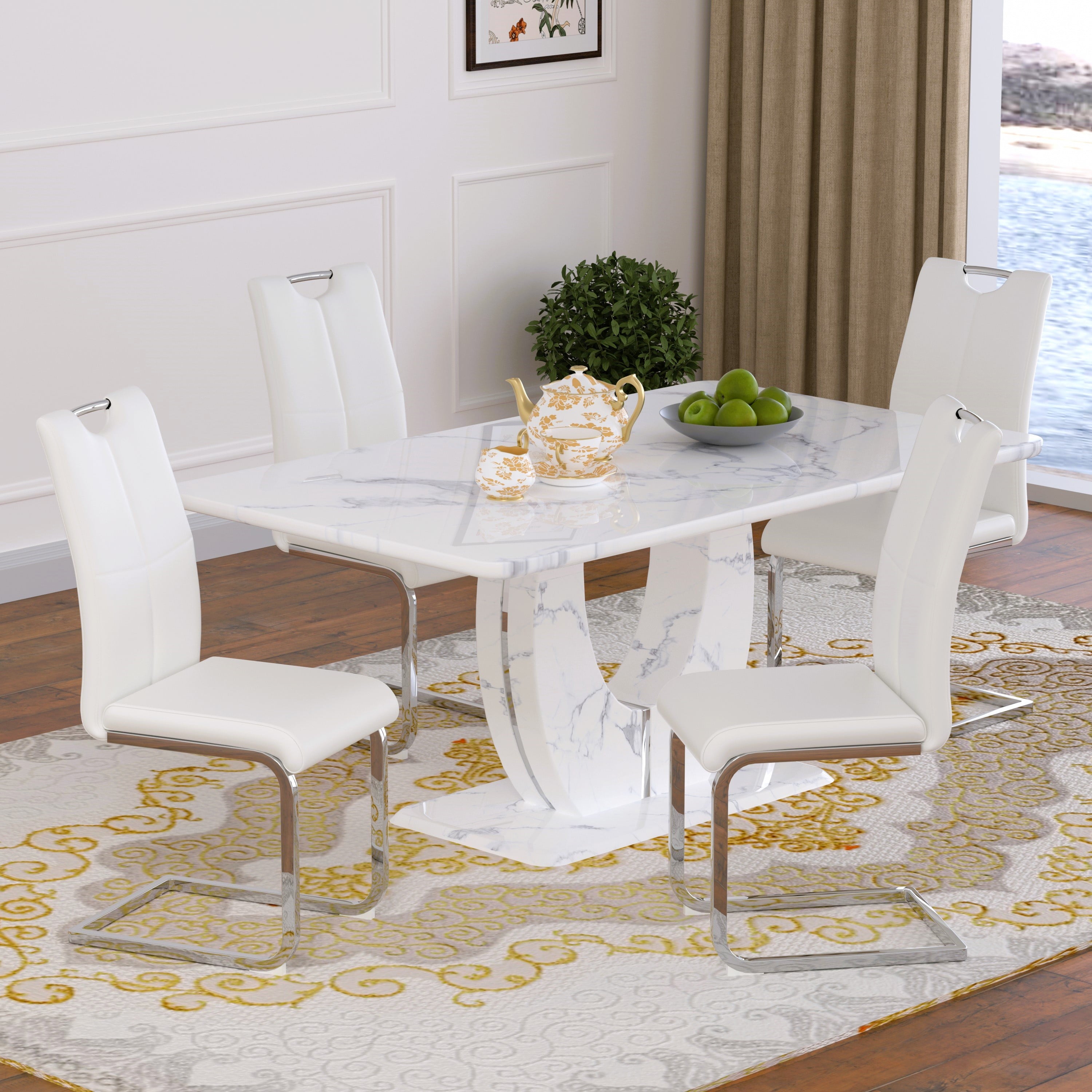 63 Modern White Rectangle Faux Marble Dining Table Room Sets for 4,Dining Table with 4 Velvet Dining Chairs,White Table and 4 Gray Chairs with Silver Leg