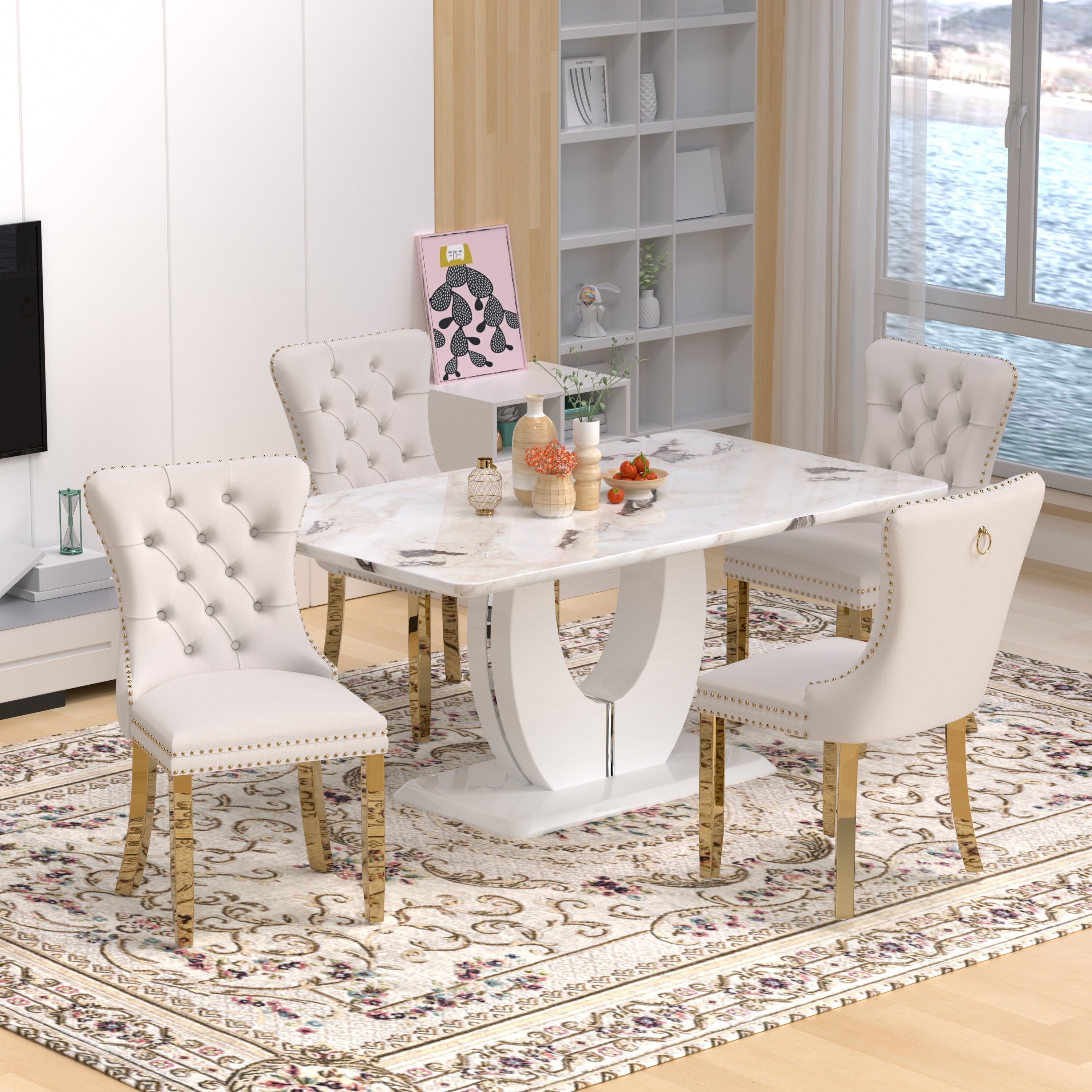63 Modern White Rectangle Faux Marble Dining Table Room Sets for 4,Dining Table with 4 Velvet Dining Chairs,White Table and 4 Gray Chairs with Silver Leg
