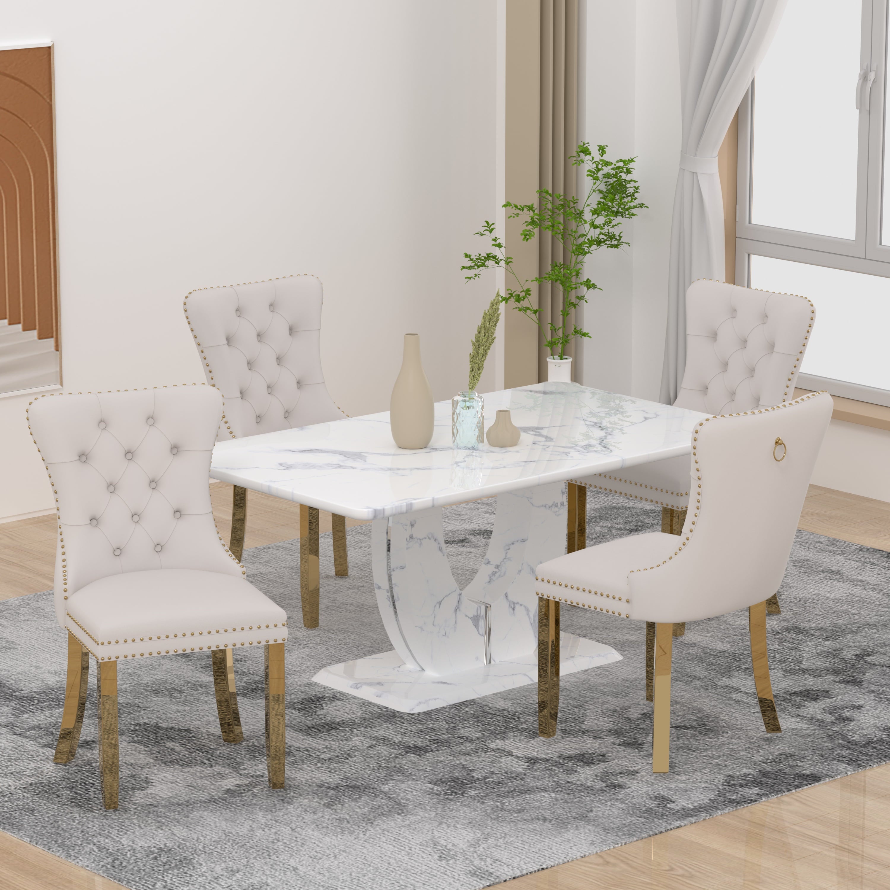 63 Modern White Rectangle Faux Marble Dining Table Room Sets for 4,Dining Table with 4 Velvet Dining Chairs,White Table and 4 Gray Chairs with Silver Leg