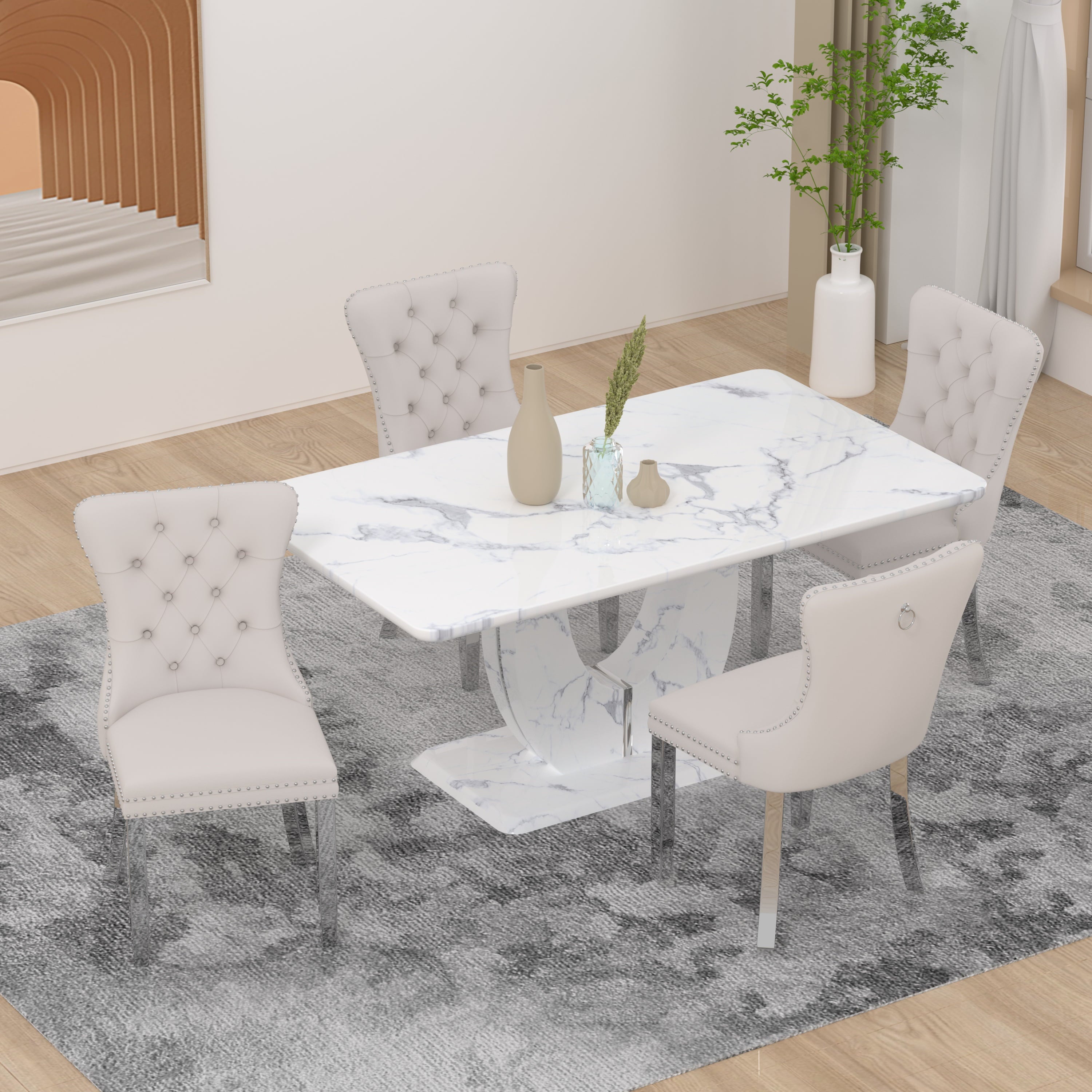 63 Modern White Rectangle Faux Marble Dining Table Room Sets for 4,Dining Table with 4 Velvet Dining Chairs,White Table and 4 Gray Chairs with Silver Leg