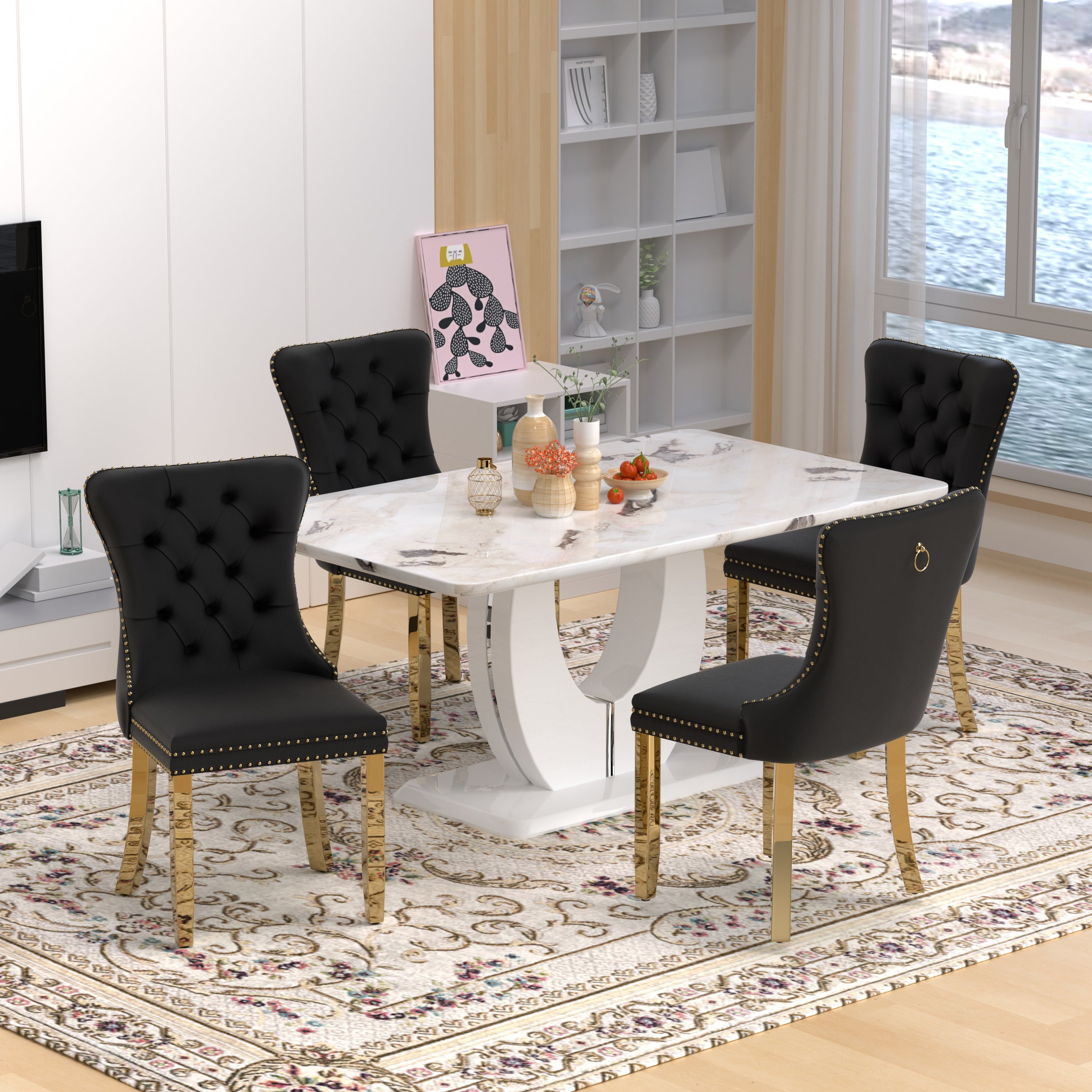63 Modern White Rectangle Faux Marble Dining Table Room Sets for 4,Dining Table with 4 Velvet Dining Chairs,White Table and 4 Gray Chairs with Silver Leg