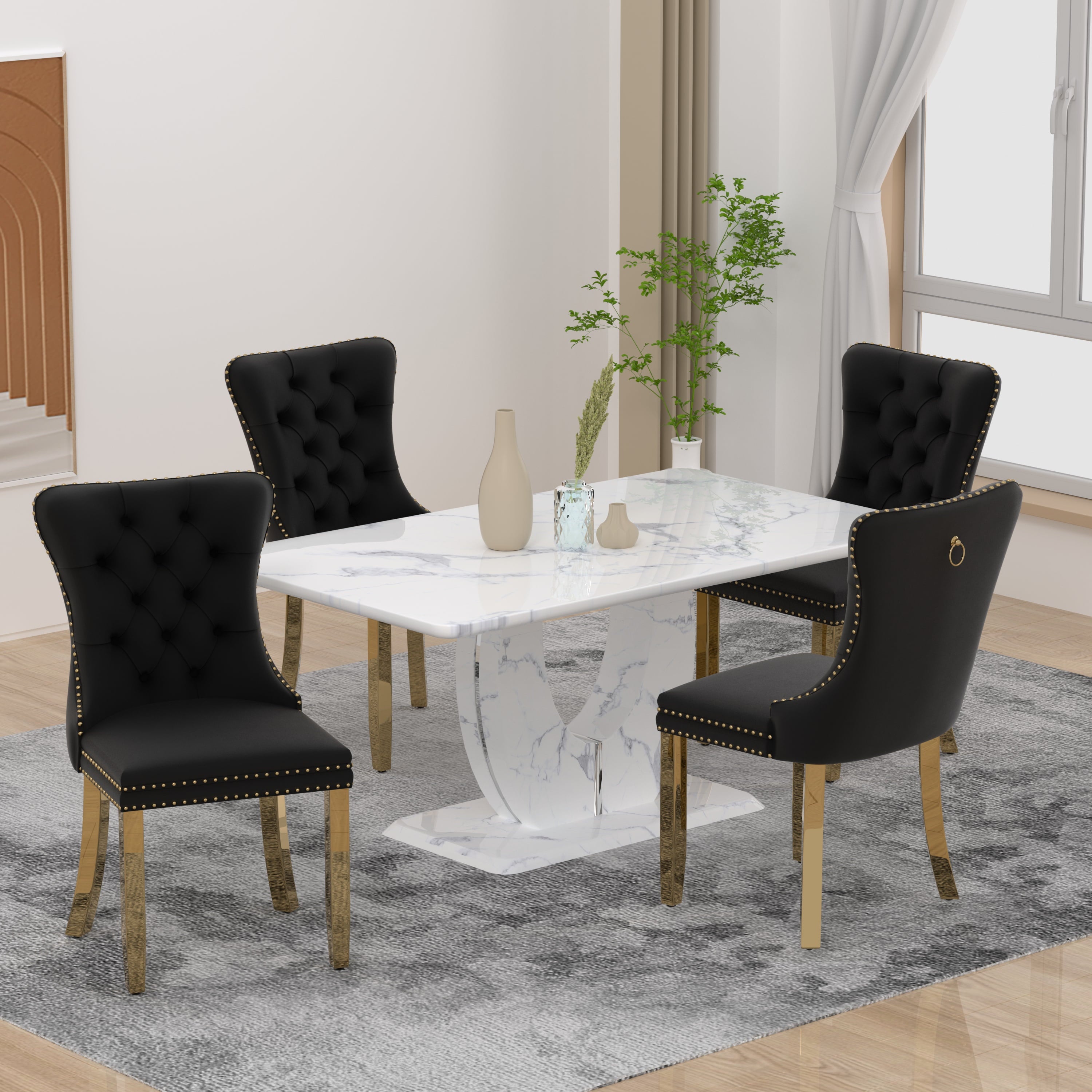 63 Modern White Rectangle Faux Marble Dining Table Room Sets for 4,Dining Table with 4 Velvet Dining Chairs,White Table and 4 Gray Chairs with Silver Leg