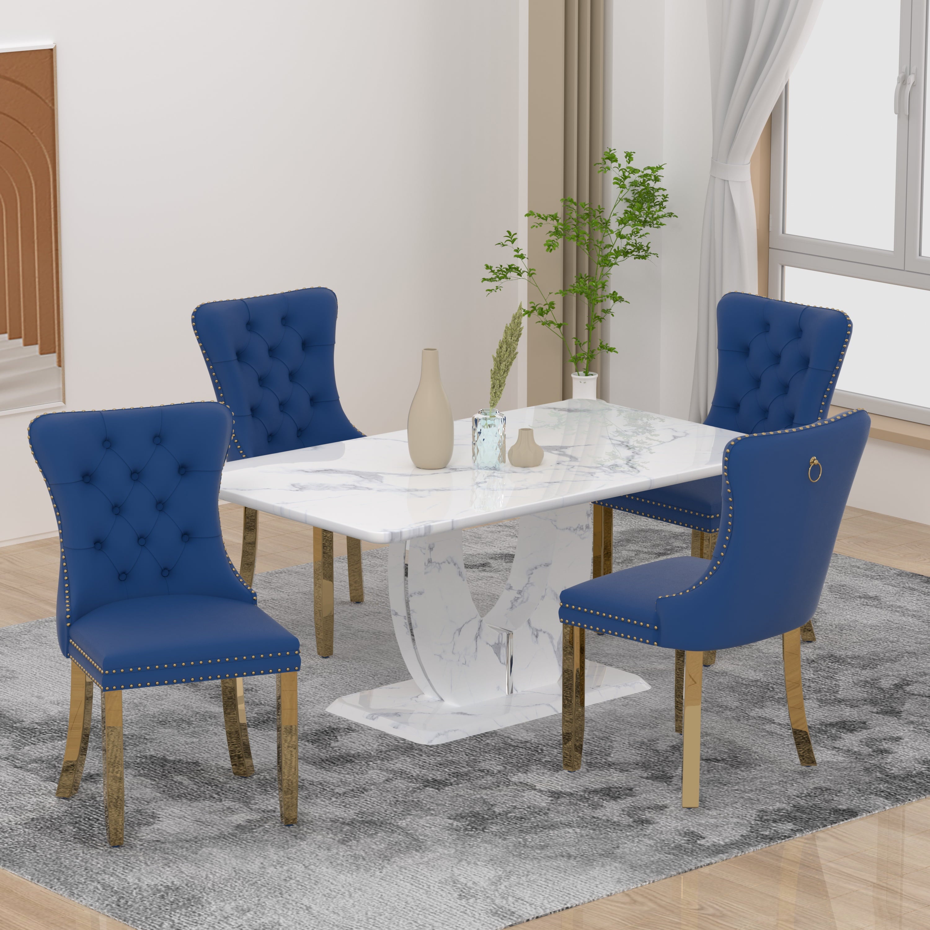 63 Modern White Rectangle Faux Marble Dining Table Room Sets for 4,Dining Table with 4 Velvet Dining Chairs,White Table and 4 Gray Chairs with Silver Leg