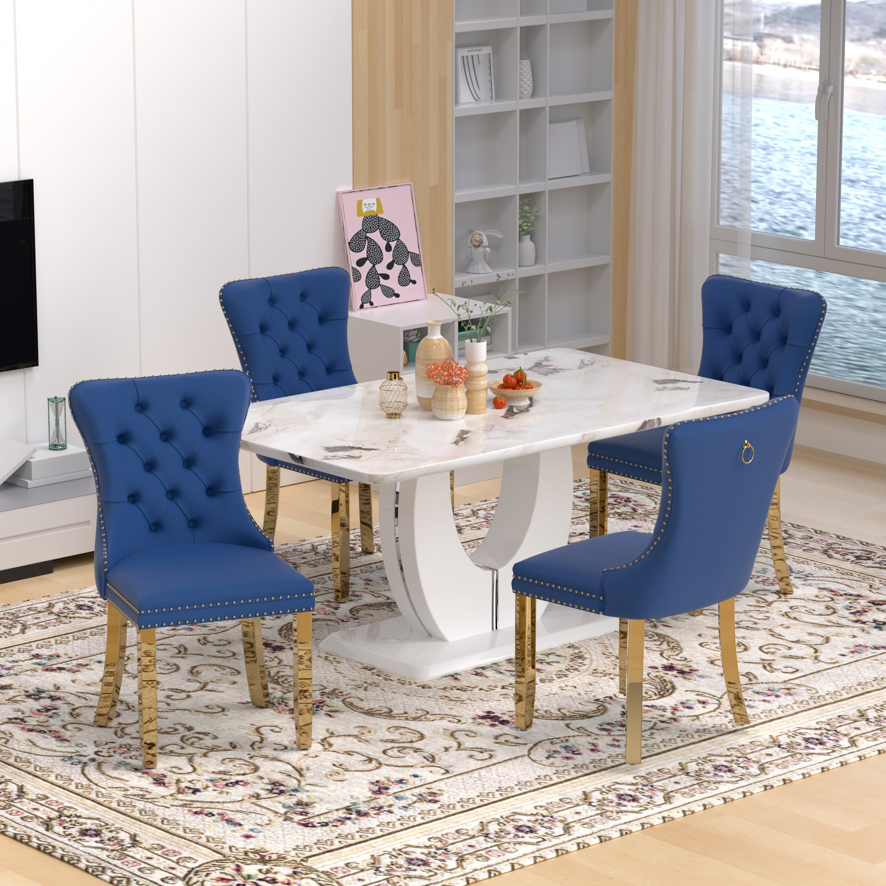 63 Modern White Rectangle Faux Marble Dining Table Room Sets for 4,Dining Table with 4 Velvet Dining Chairs,White Table and 4 Gray Chairs with Silver Leg