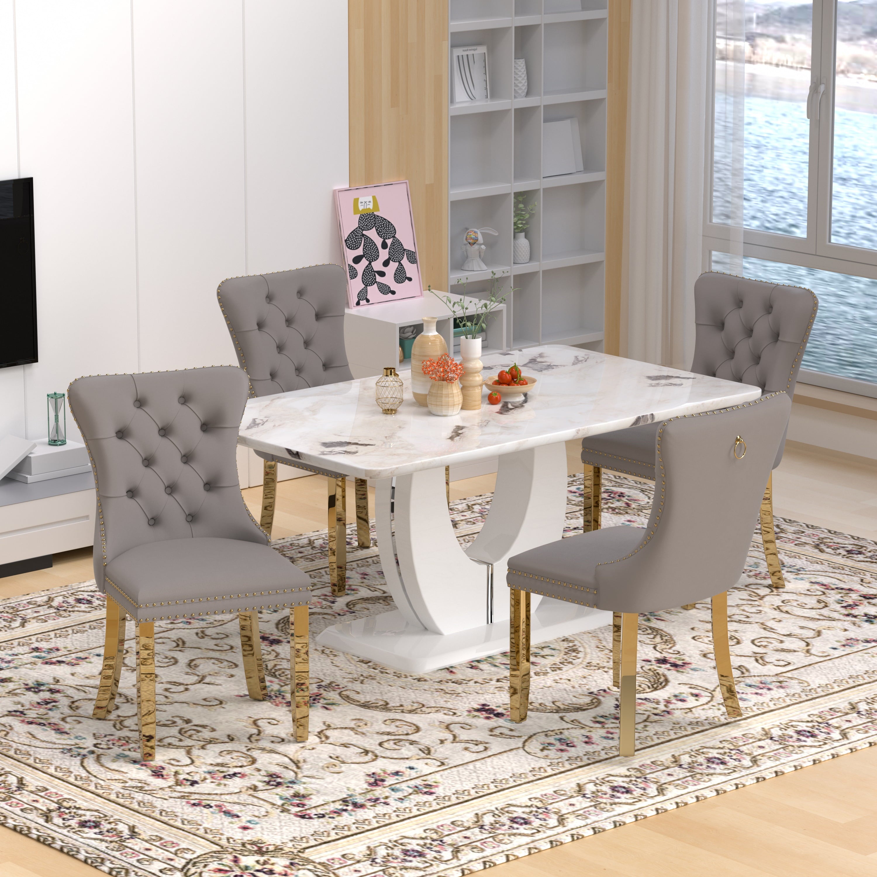63 Modern White Rectangle Faux Marble Dining Table Room Sets for 4,Dining Table with 4 Velvet Dining Chairs,White Table and 4 Gray Chairs with Silver Leg