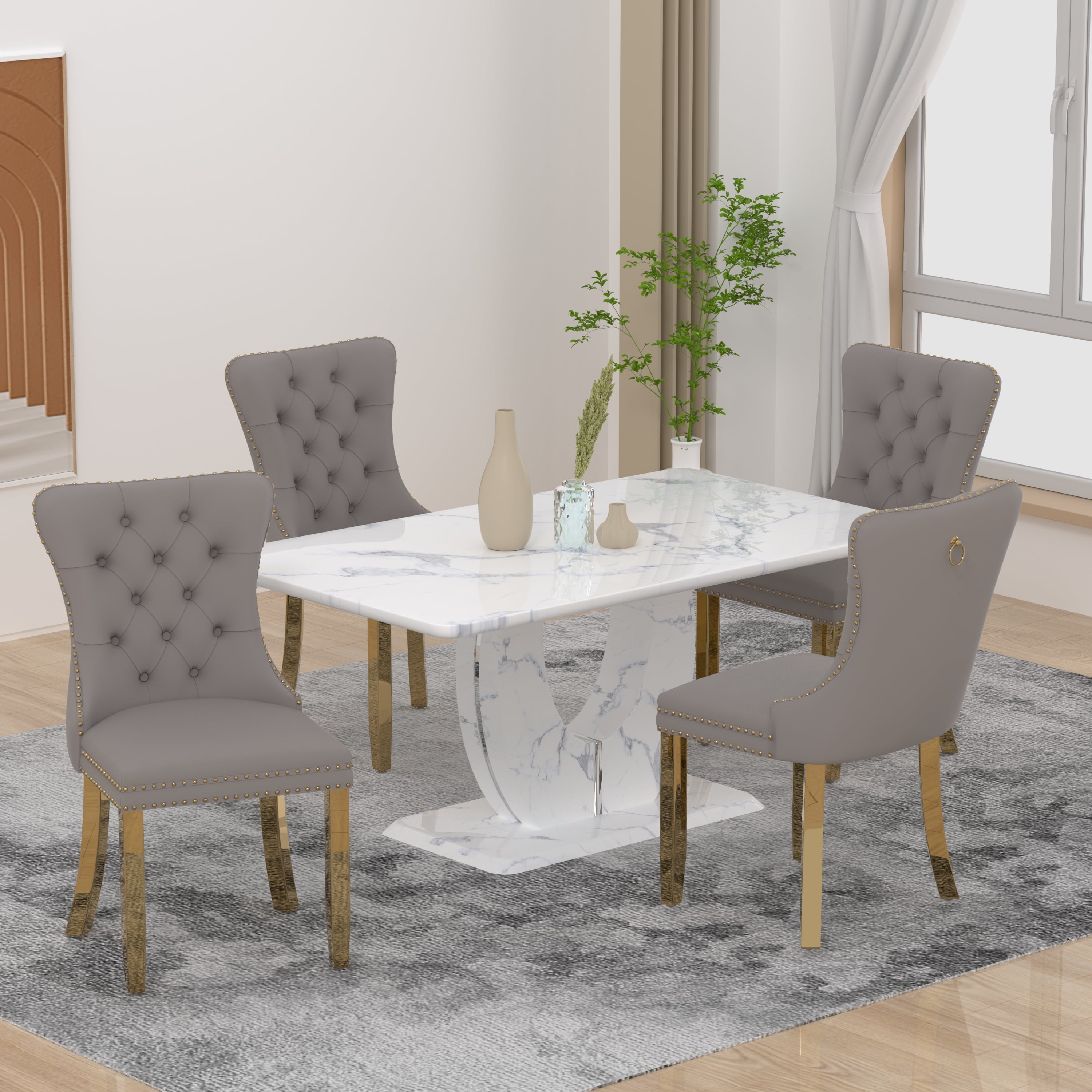 63 Modern White Rectangle Faux Marble Dining Table Room Sets for 4,Dining Table with 4 Velvet Dining Chairs,White Table and 4 Gray Chairs with Silver Leg