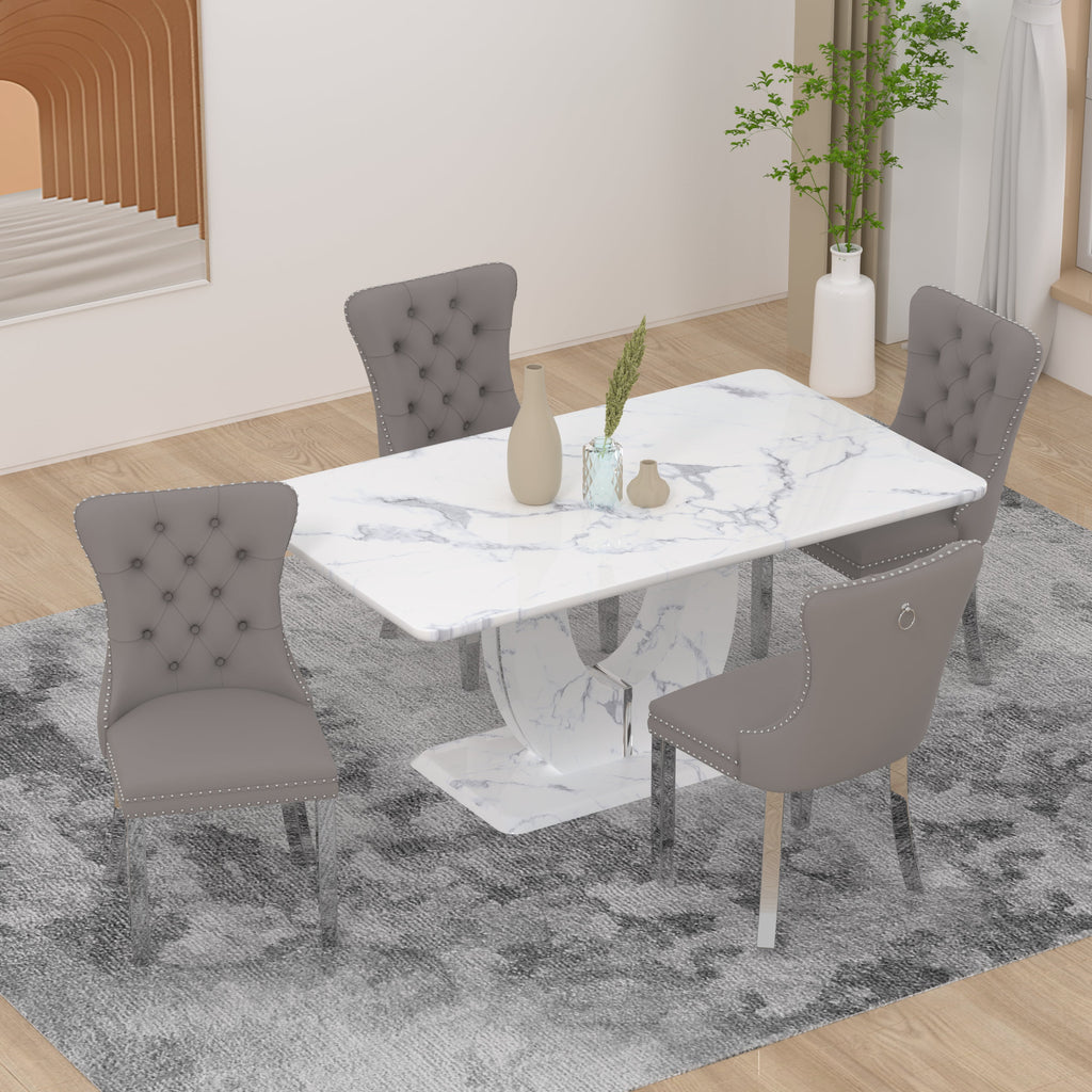 63 Modern White Rectangle Faux Marble Dining Table Room Sets for 4,Dining Table with 4 Velvet Dining Chairs,White Table and 4 Gray Chairs with Silver Leg