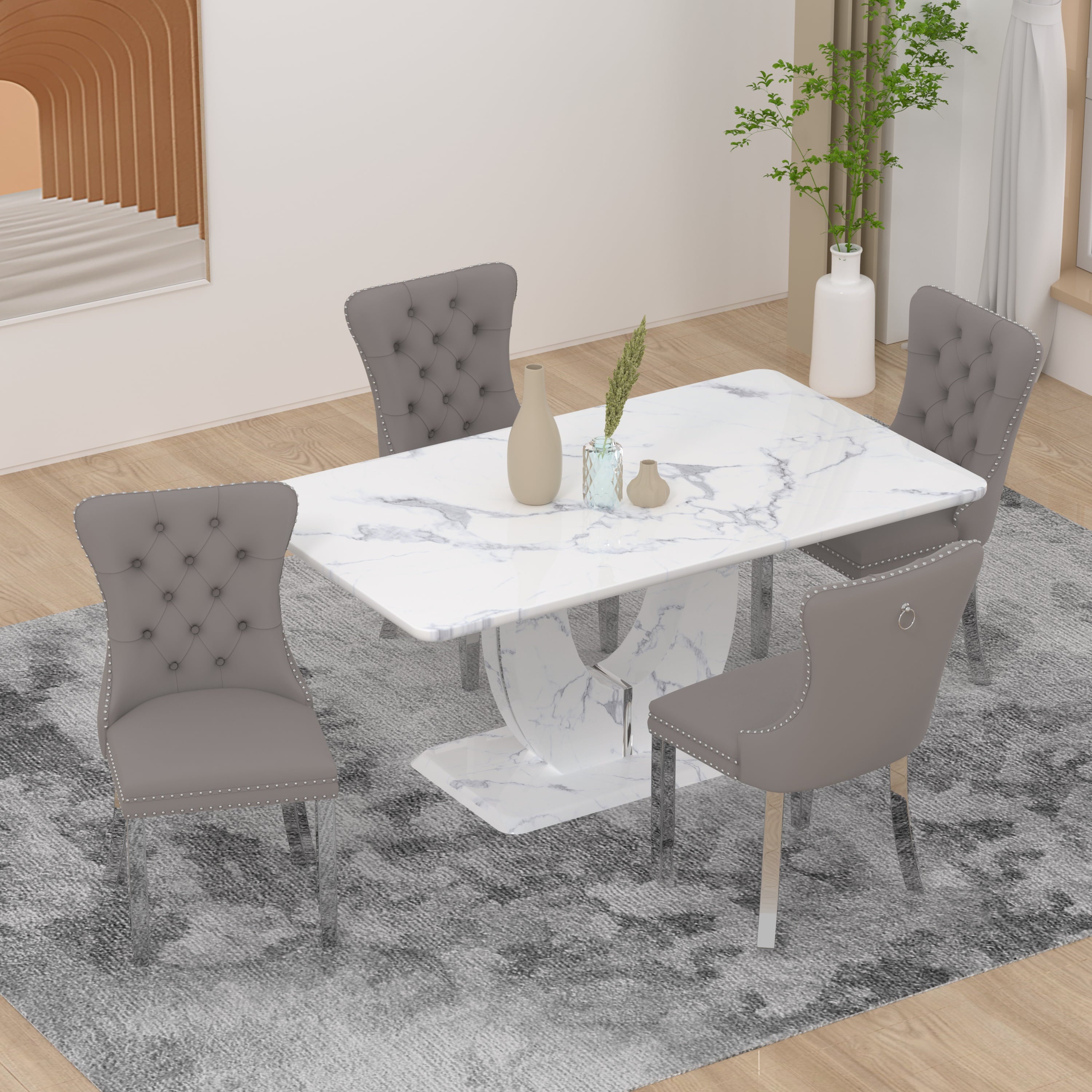 63 Modern White Rectangle Faux Marble Dining Table Room Sets for 4,Dining Table with 4 Velvet Dining Chairs,White Table and 4 Gray Chairs with Silver Leg