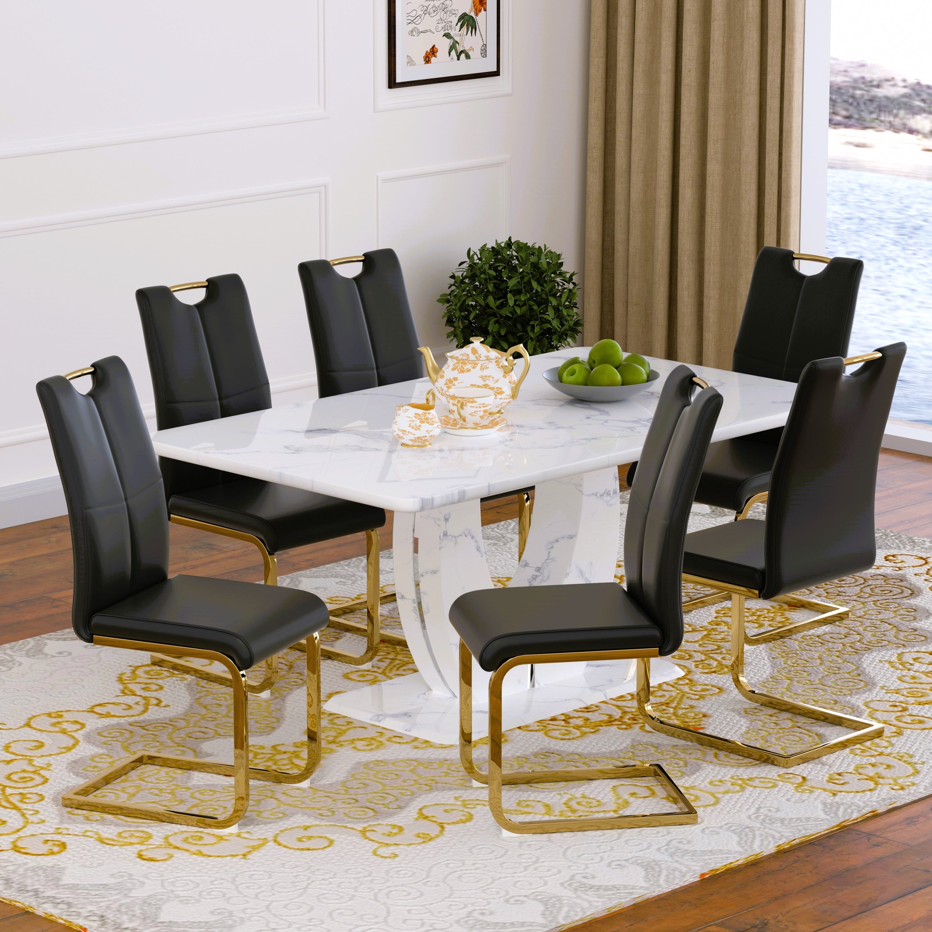 63 Modern White Rectangle Faux Marble Dining Table Room Sets for 4,Dining Table with 4 Velvet Dining Chairs,White Table and 4 Gray Chairs with Silver Leg