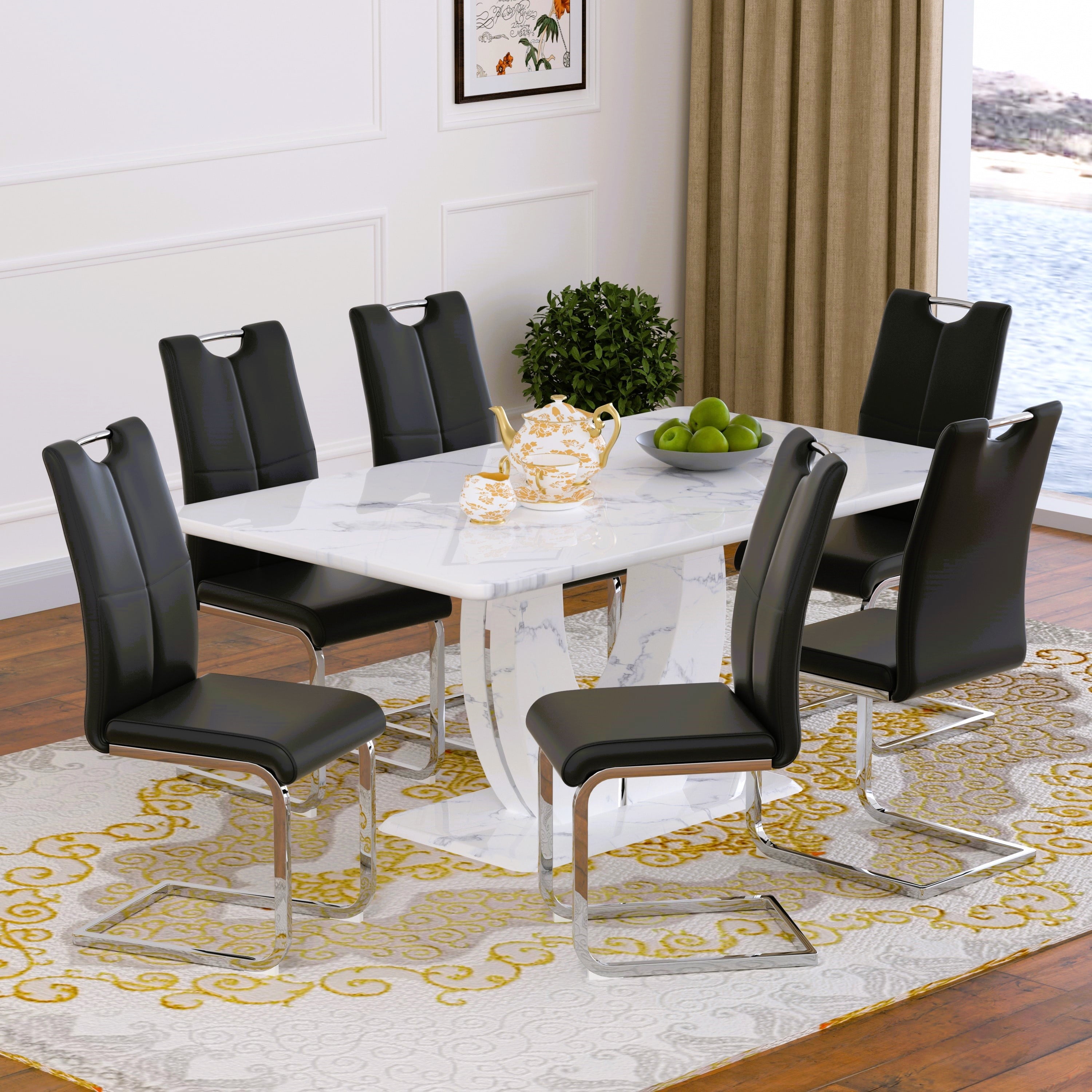 63 Modern White Rectangle Faux Marble Dining Table Room Sets for 4,Dining Table with 4 Velvet Dining Chairs,White Table and 4 Gray Chairs with Silver Leg