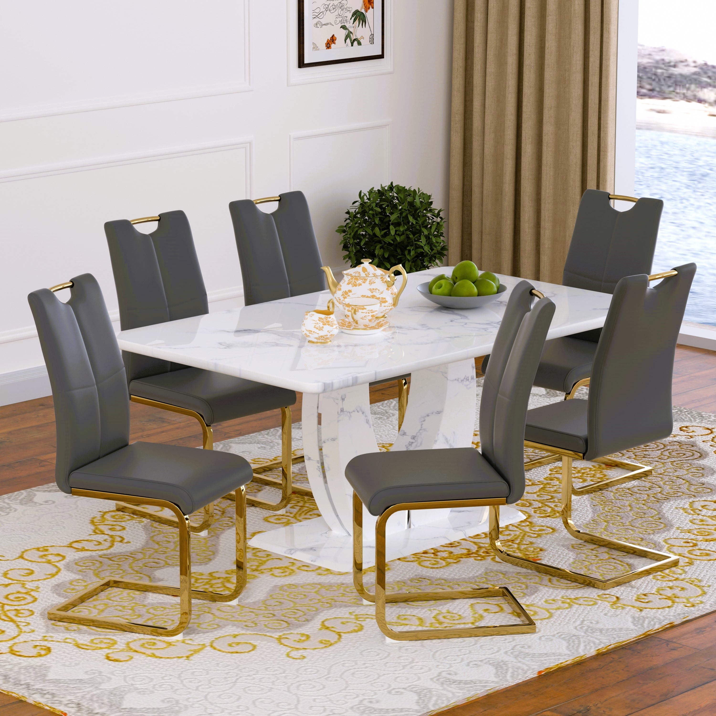 63 Modern White Rectangle Faux Marble Dining Table Room Sets for 4,Dining Table with 4 Velvet Dining Chairs,White Table and 4 Gray Chairs with Silver Leg
