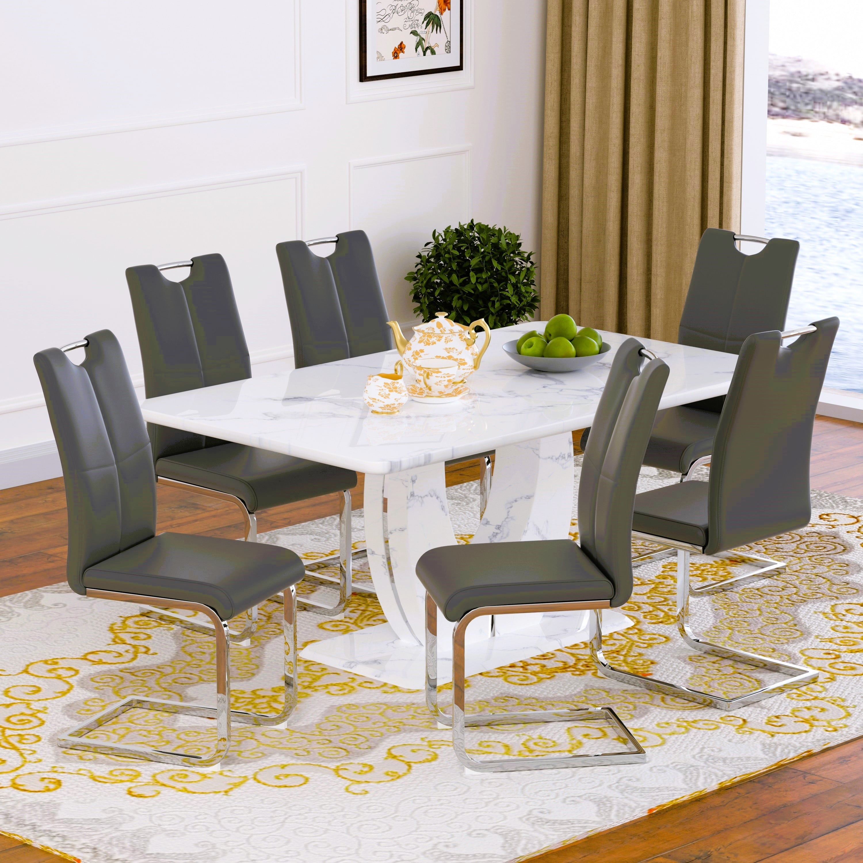63 Modern White Rectangle Faux Marble Dining Table Room Sets for 4,Dining Table with 4 Velvet Dining Chairs,White Table and 4 Gray Chairs with Silver Leg