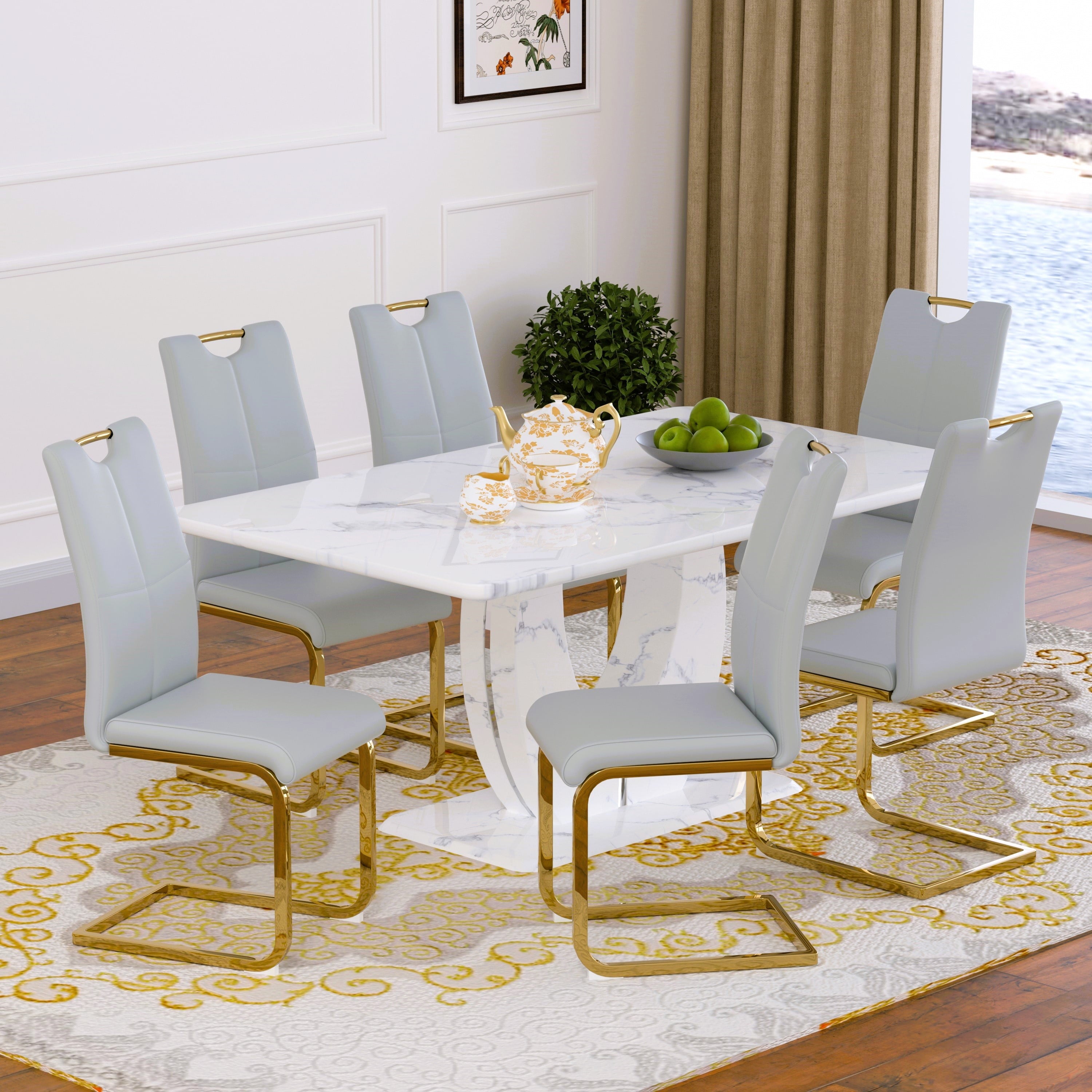63 Modern White Rectangle Faux Marble Dining Table Room Sets for 4,Dining Table with 4 Velvet Dining Chairs,White Table and 4 Gray Chairs with Silver Leg