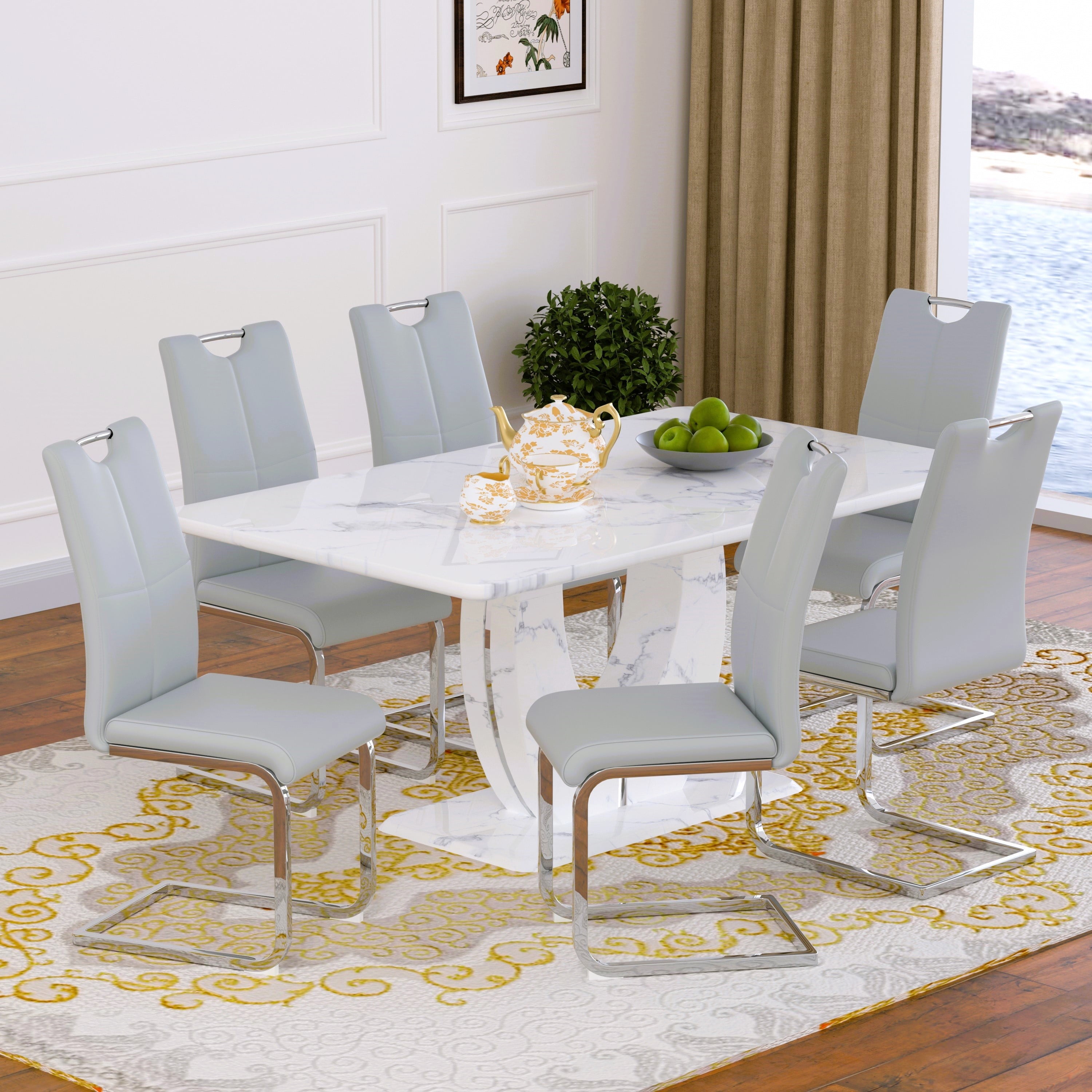 63 Modern White Rectangle Faux Marble Dining Table Room Sets for 4,Dining Table with 4 Velvet Dining Chairs,White Table and 4 Gray Chairs with Silver Leg