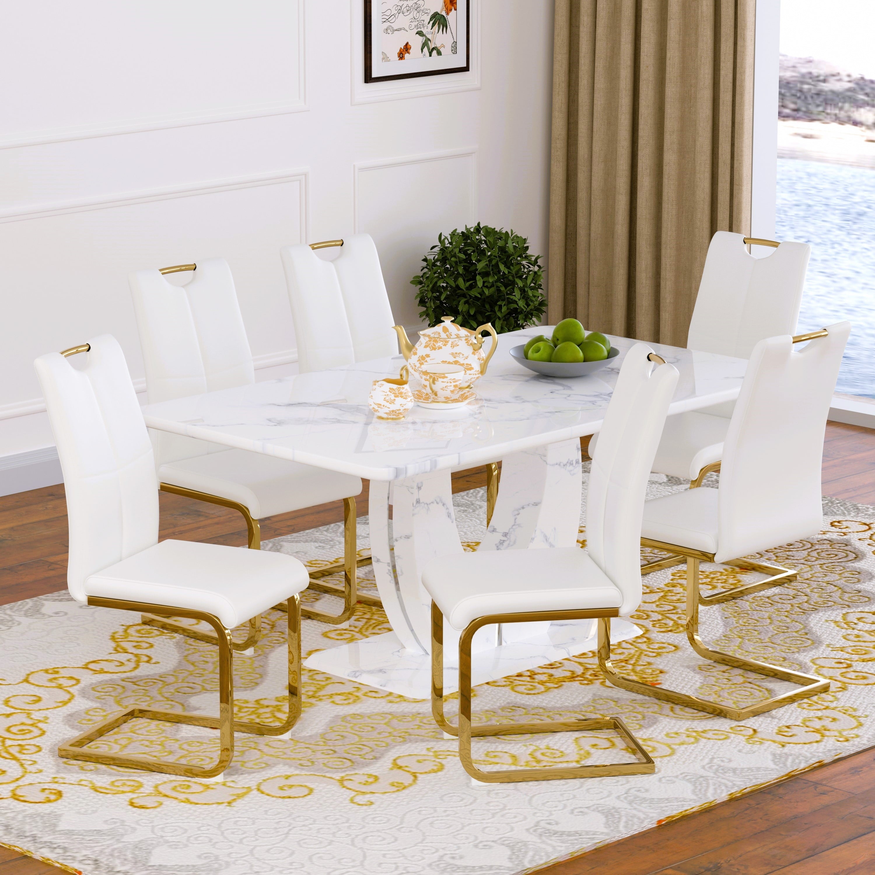 63 Modern White Rectangle Faux Marble Dining Table Room Sets for 4,Dining Table with 4 Velvet Dining Chairs,White Table and 4 Gray Chairs with Silver Leg
