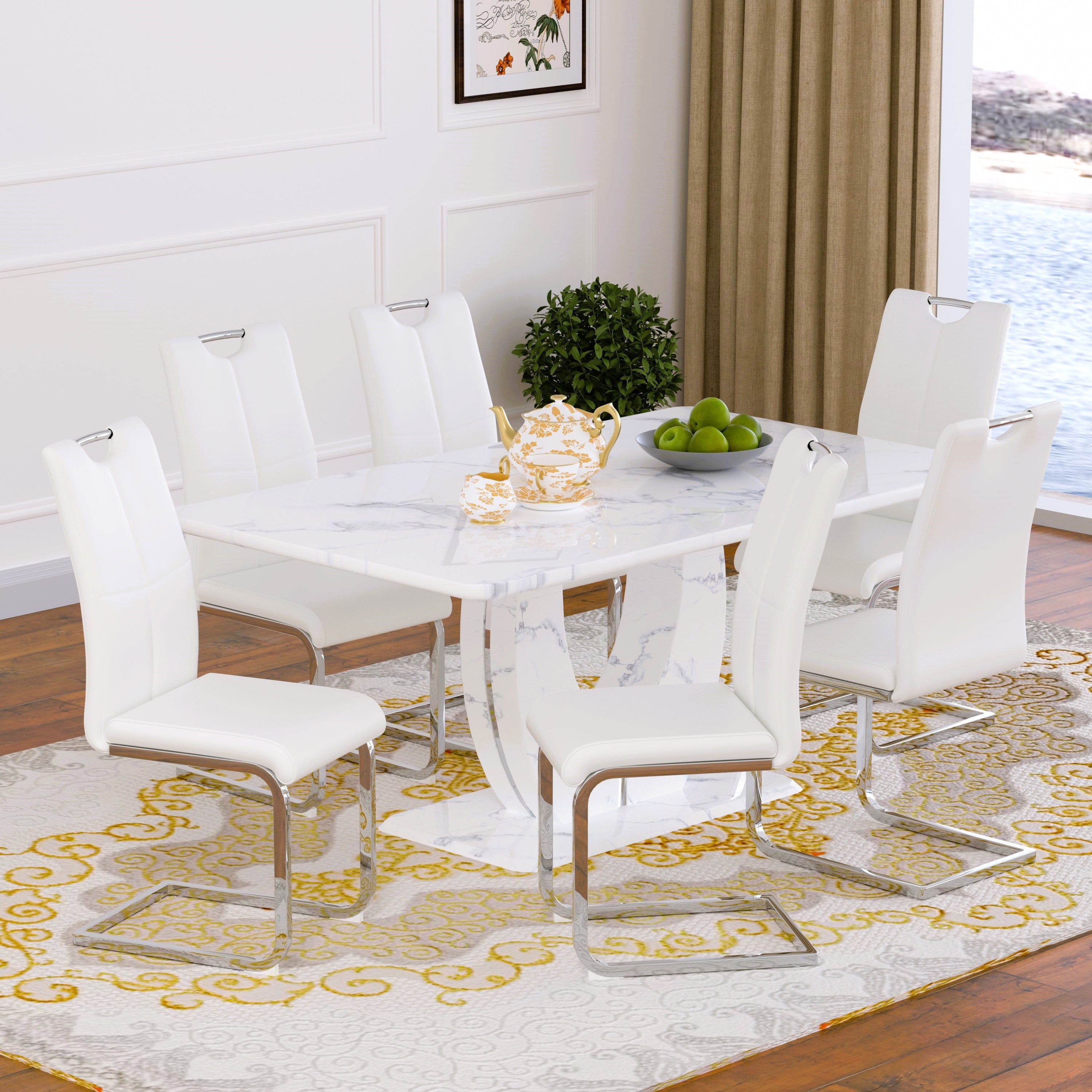 63 Modern White Rectangle Faux Marble Dining Table Room Sets for 4,Dining Table with 4 Velvet Dining Chairs,White Table and 4 Gray Chairs with Silver Leg