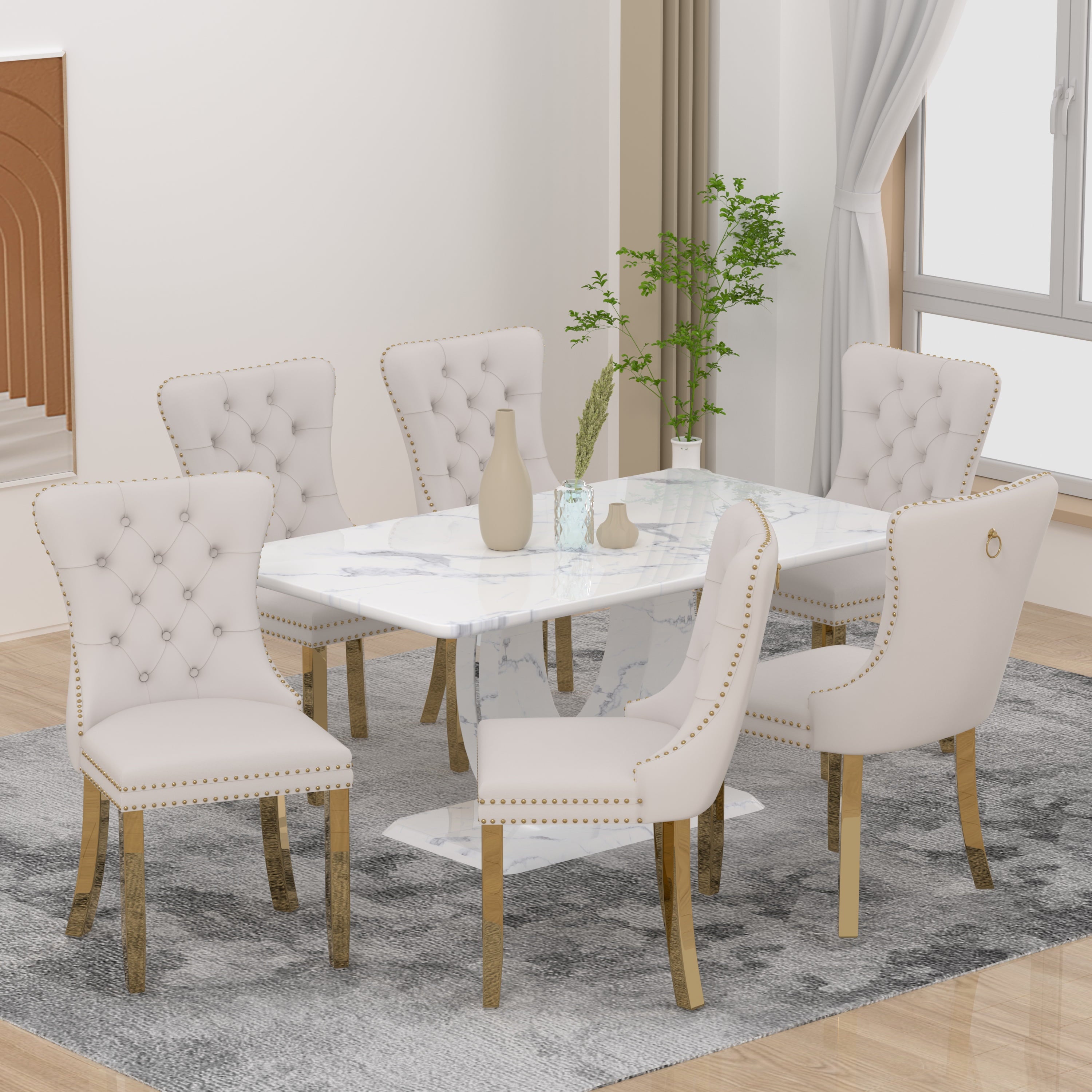 63 Modern White Rectangle Faux Marble Dining Table Room Sets for 4,Dining Table with 4 Velvet Dining Chairs,White Table and 4 Gray Chairs with Silver Leg