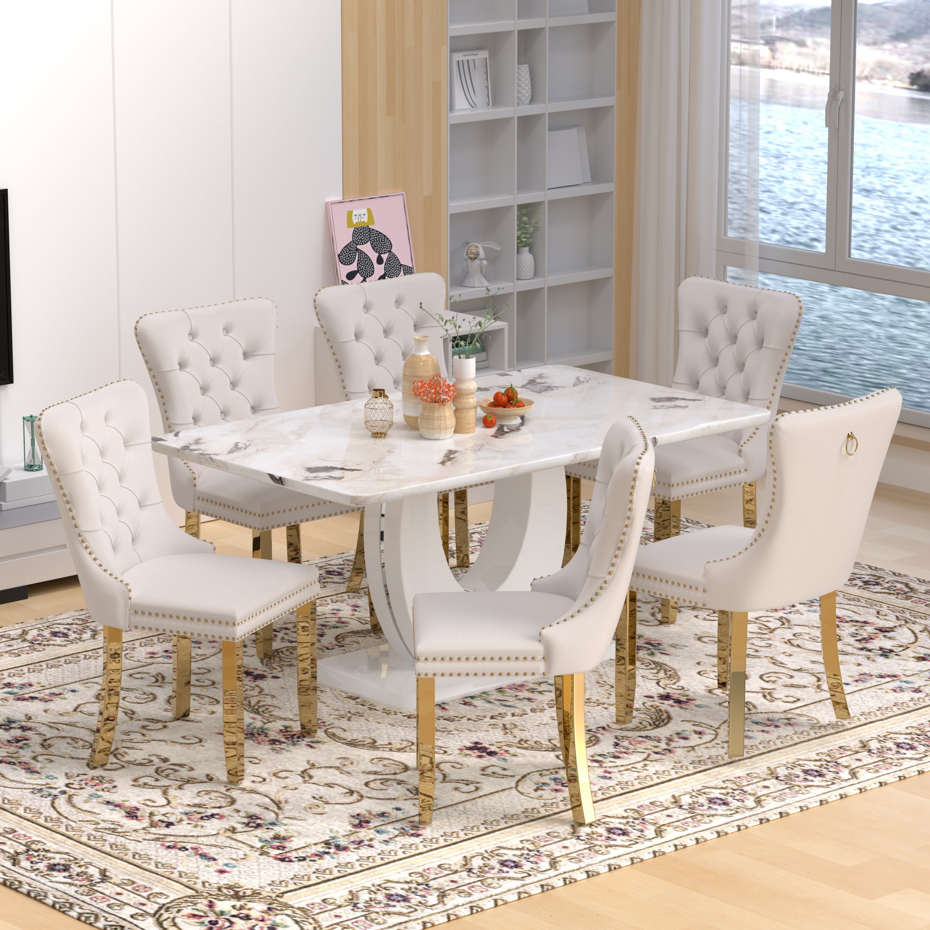 63 Modern White Rectangle Faux Marble Dining Table Room Sets for 4,Dining Table with 4 Velvet Dining Chairs,White Table and 4 Gray Chairs with Silver Leg