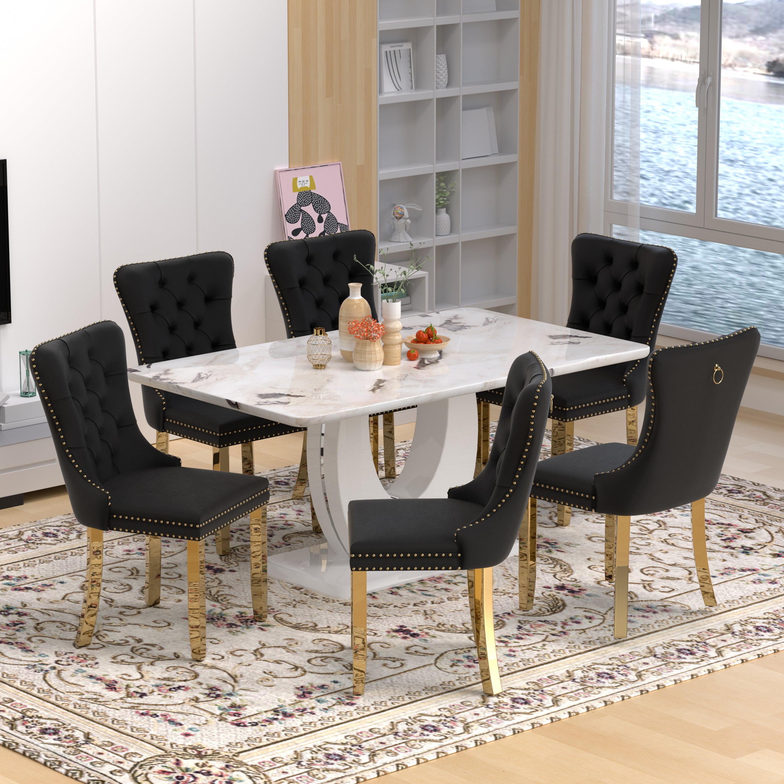 63 Modern White Rectangle Faux Marble Dining Table Room Sets for 4,Dining Table with 4 Velvet Dining Chairs,White Table and 4 Gray Chairs with Silver Leg
