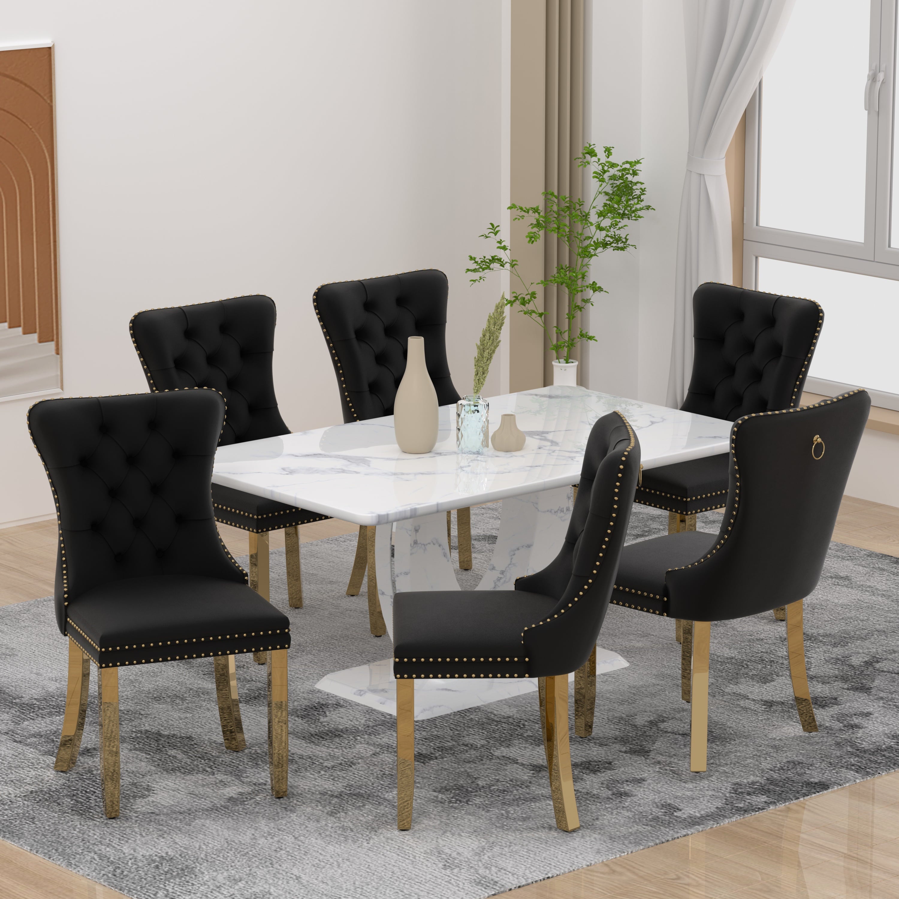 63 Modern White Rectangle Faux Marble Dining Table Room Sets for 4,Dining Table with 4 Velvet Dining Chairs,White Table and 4 Gray Chairs with Silver Leg