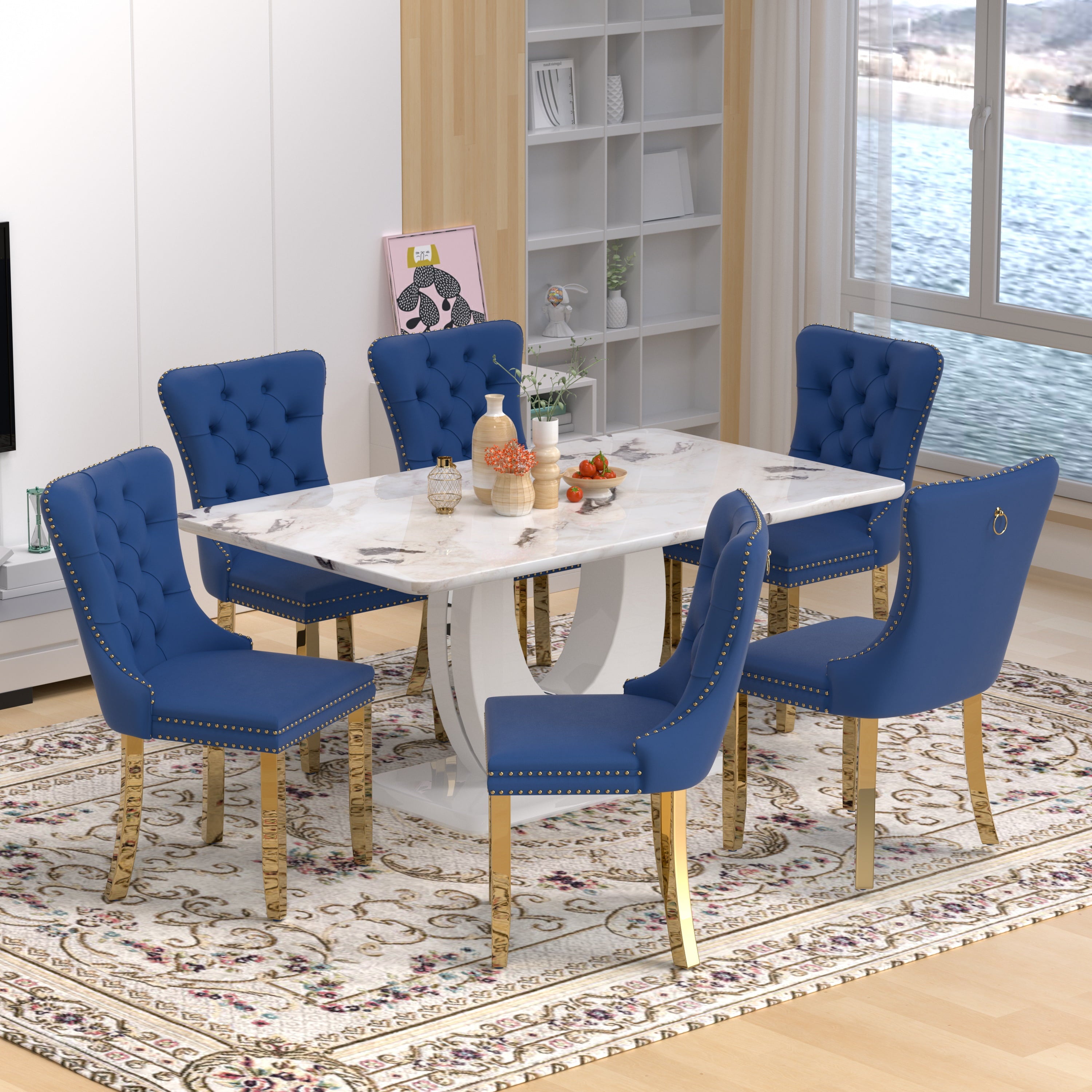 63 Modern White Rectangle Faux Marble Dining Table Room Sets for 4,Dining Table with 4 Velvet Dining Chairs,White Table and 4 Gray Chairs with Silver Leg
