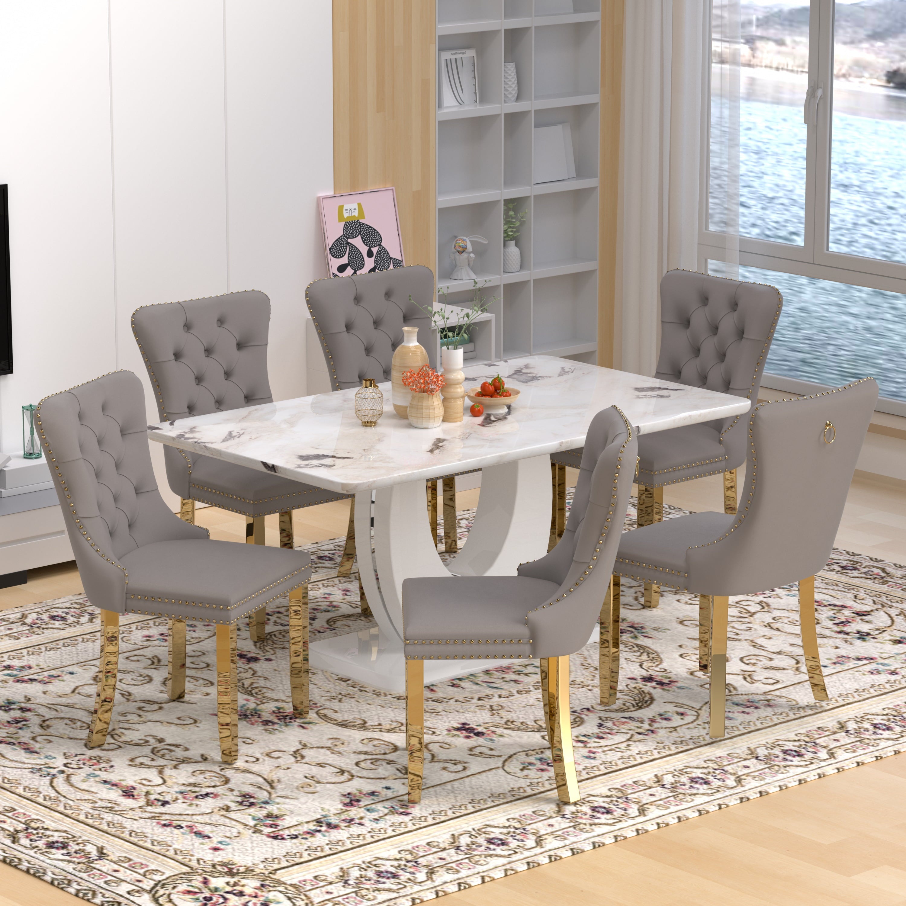 63 Modern White Rectangle Faux Marble Dining Table Room Sets for 4,Dining Table with 4 Velvet Dining Chairs,White Table and 4 Gray Chairs with Silver Leg