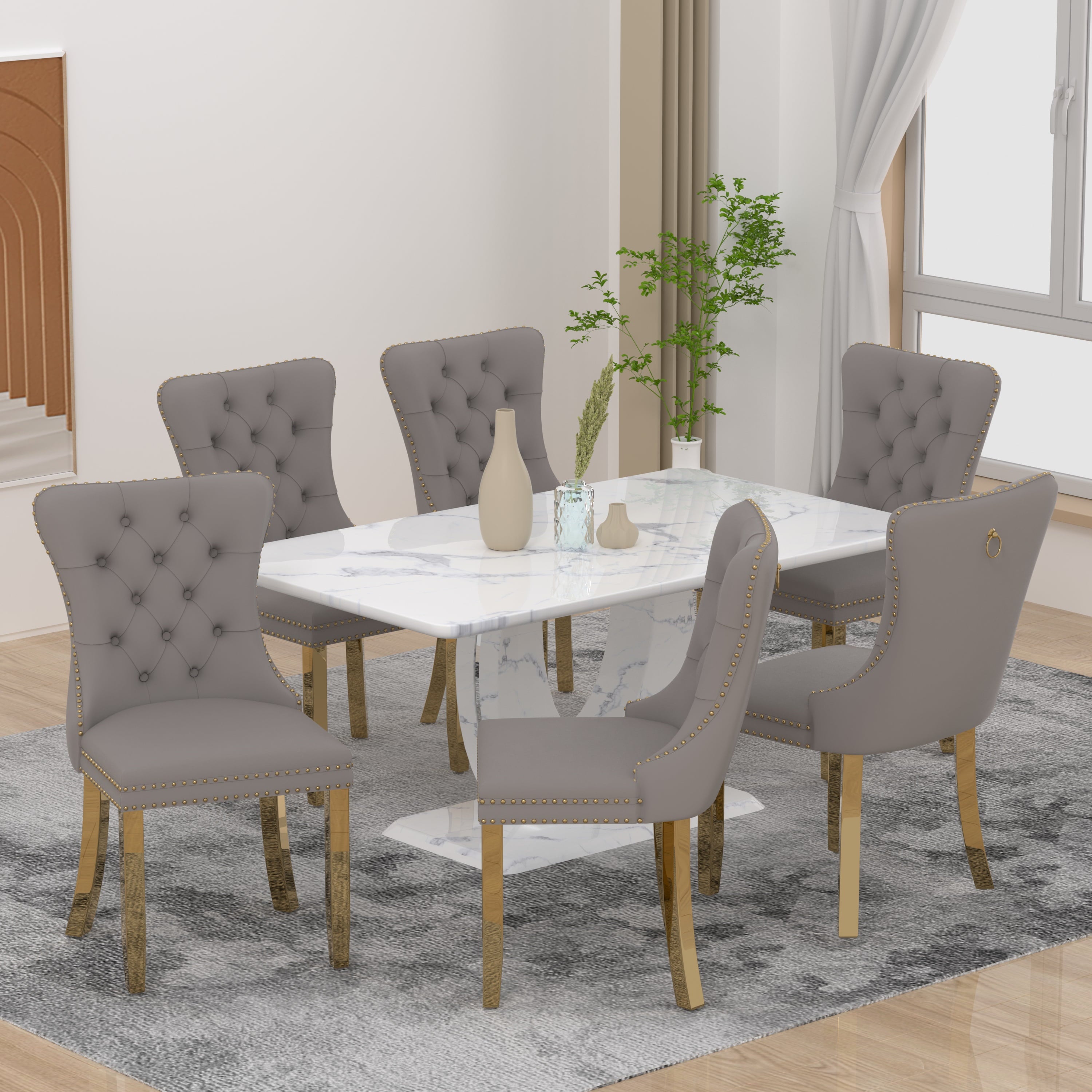 63 Modern White Rectangle Faux Marble Dining Table Room Sets for 4,Dining Table with 4 Velvet Dining Chairs,White Table and 4 Gray Chairs with Silver Leg