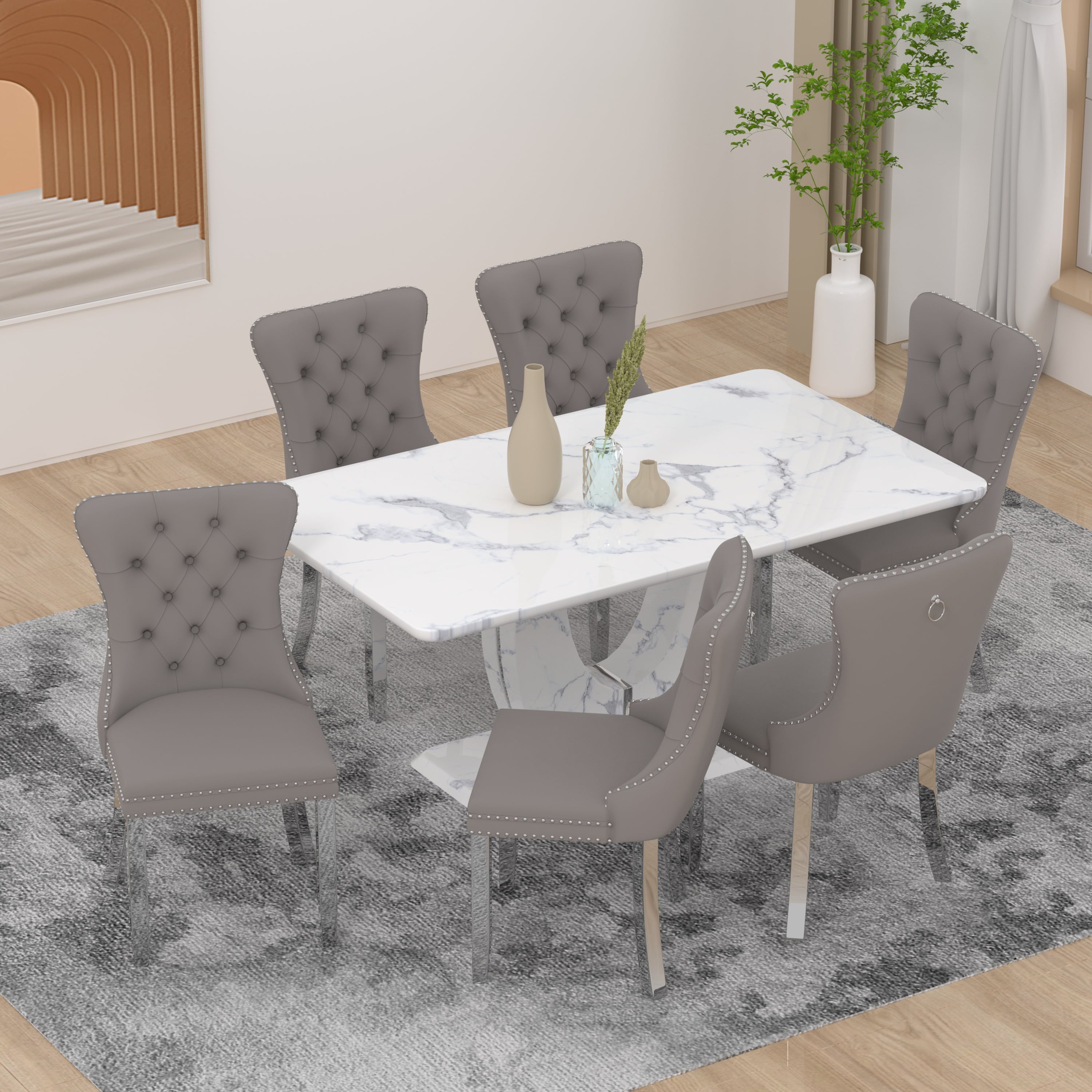 63 Modern White Rectangle Faux Marble Dining Table Room Sets for 4,Dining Table with 4 Velvet Dining Chairs,White Table and 4 Gray Chairs with Silver Leg