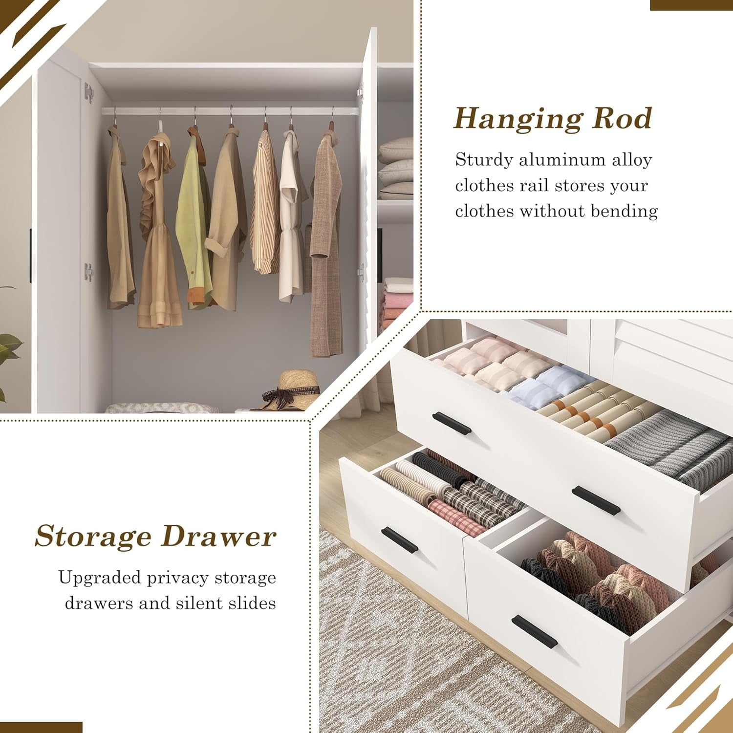Blotout 70 Armoire Wardrobe Closet with Mirror & LED Lights, LED White Louver Door Wardrobe Armoire with 3 Drawers & Hanging Rods, Large 3 Doors Armoire Storage with Multi-Layer Shelves