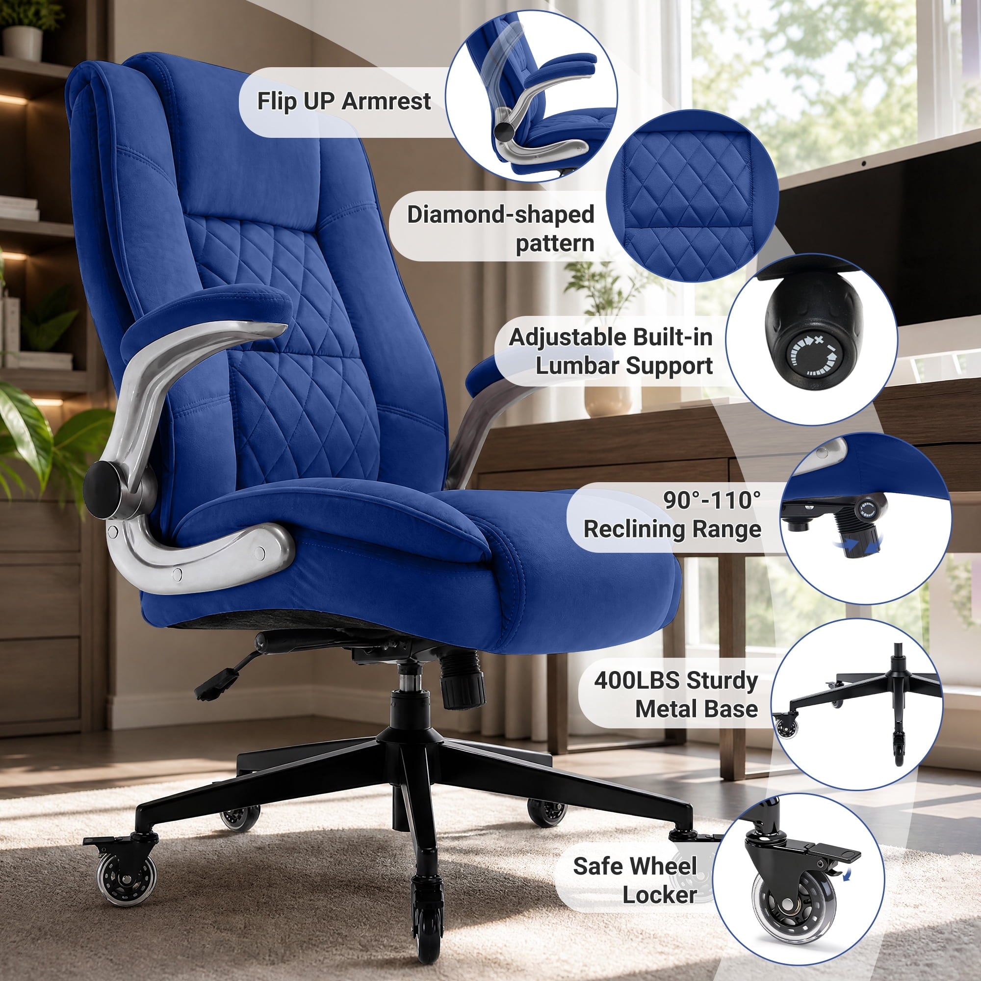 Ergonomic Home Office Chair with Locking Wheels, High-back Desk Chair with Thick Padded Flip-up Armrest, Comfy Executive Chair with Adjustable Lumbar Support for Home & Office & Work