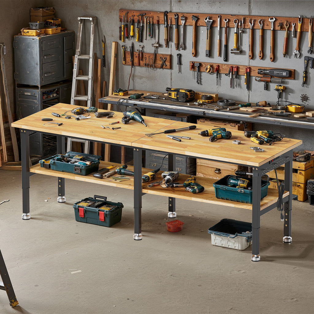 MUWOOD 96-inch Adjustable Height Workbench with Adjustable Height, Wood Worktop, 5000 LBS Load Capacity for Garage, Workshop