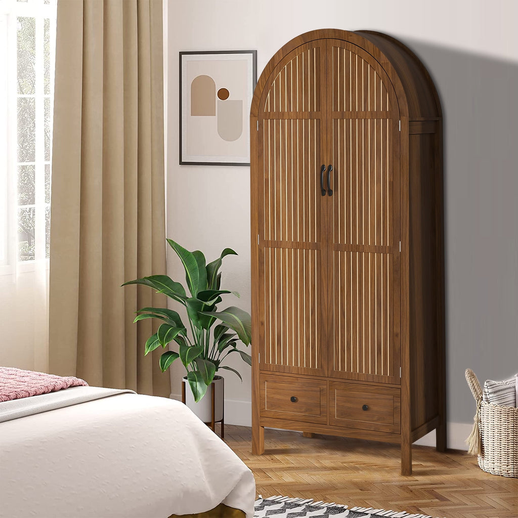 Armoire Wardrobe Closet, Wardrobe Cabinet with Drawers and Hanging Rod, Wooden Armoire Closet for Bedroom, Walnut
