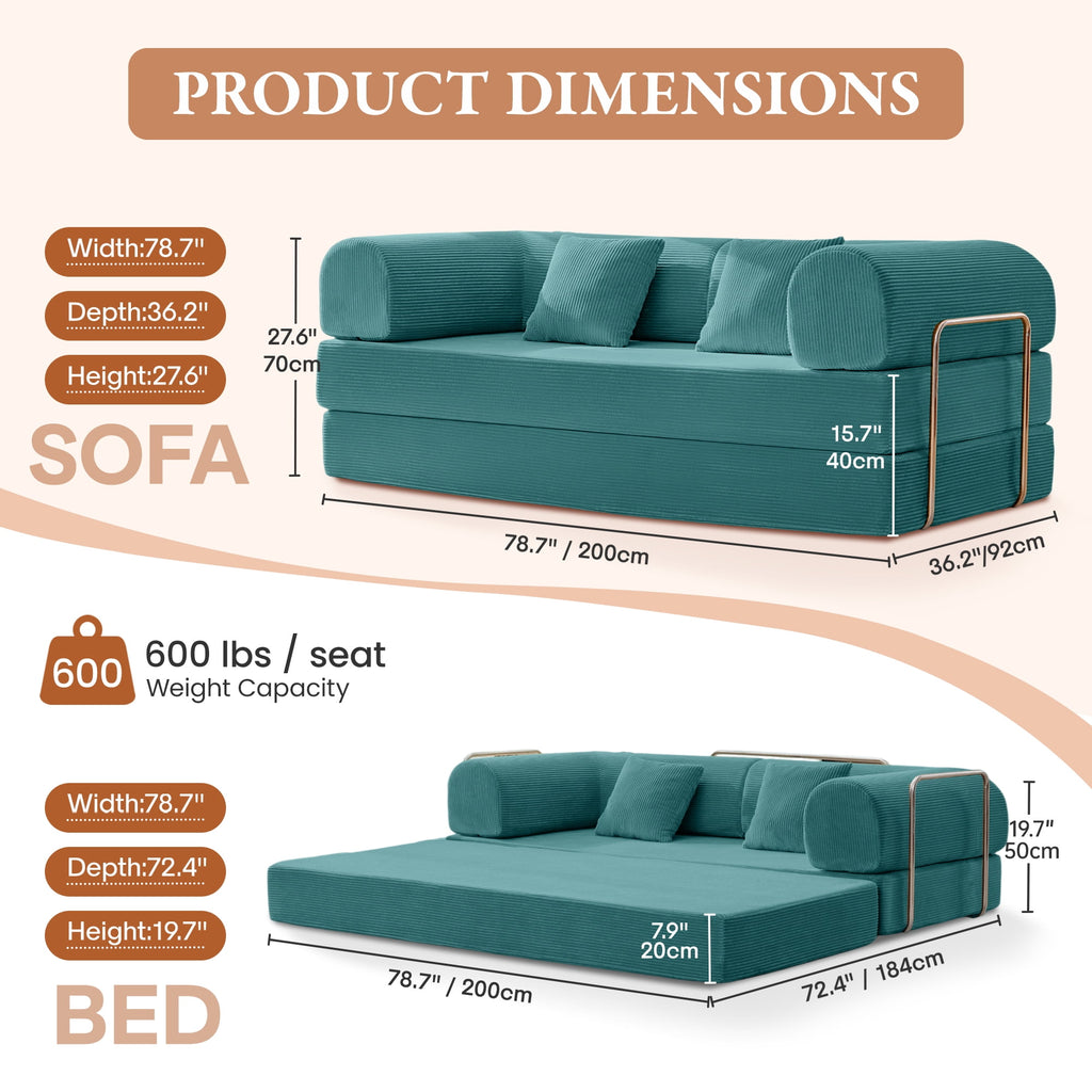 COOLHUT 63 W Combination Sofa, High Rebound Density Foam Sofa Couch, Two Forms Floor Couch Three Seats Sofa Bed for Living Room, Bedroom, Green