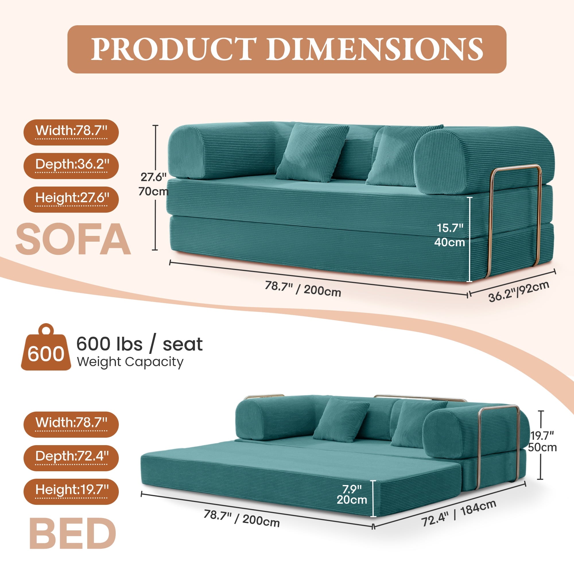 COOLHUT 63 W Combination Sofa, High Rebound Density Foam Sofa Couch, Two Forms Floor Couch Three Seats Sofa Bed for Living Room, Bedroom, Green
