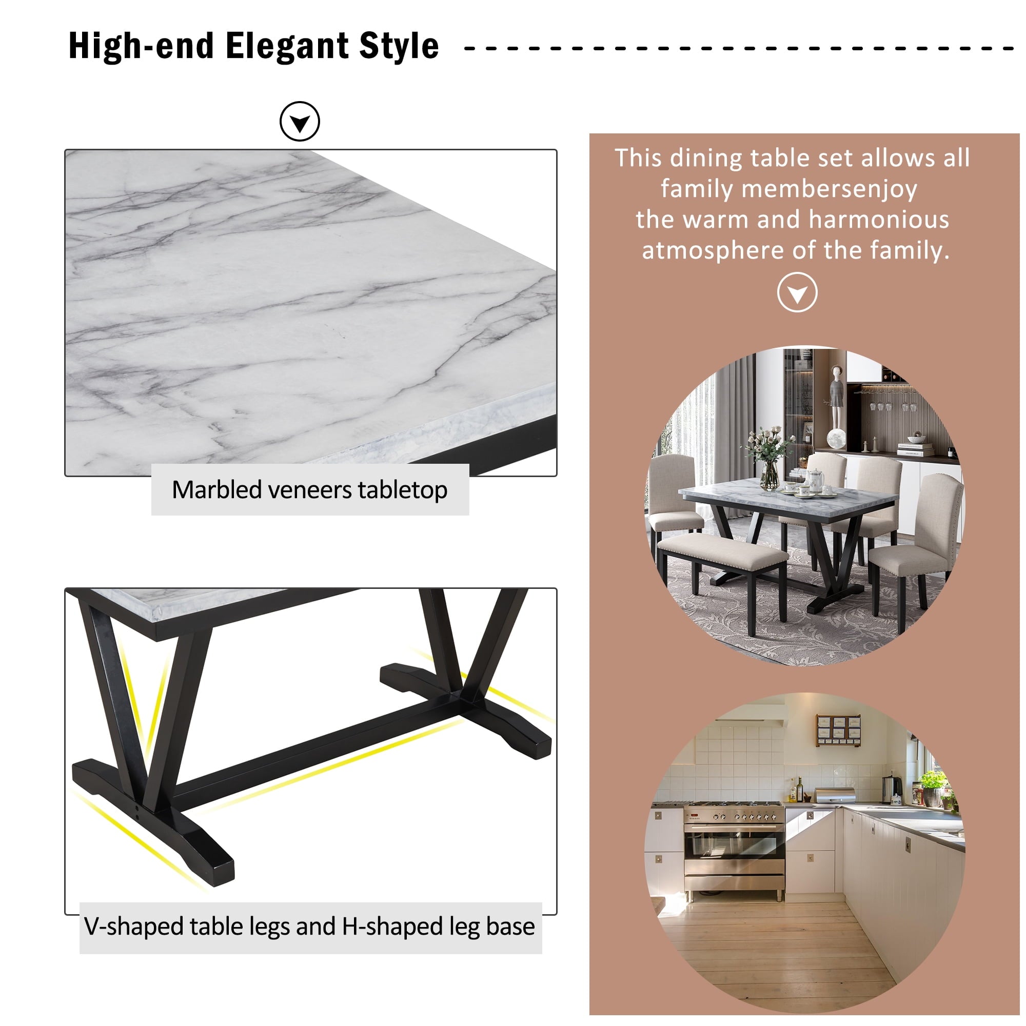 Harper & Bright Designs Dining Table Set for 6 with Bench Rectangular Table and 4 Upholstered Chairs for Kitchen, Gary