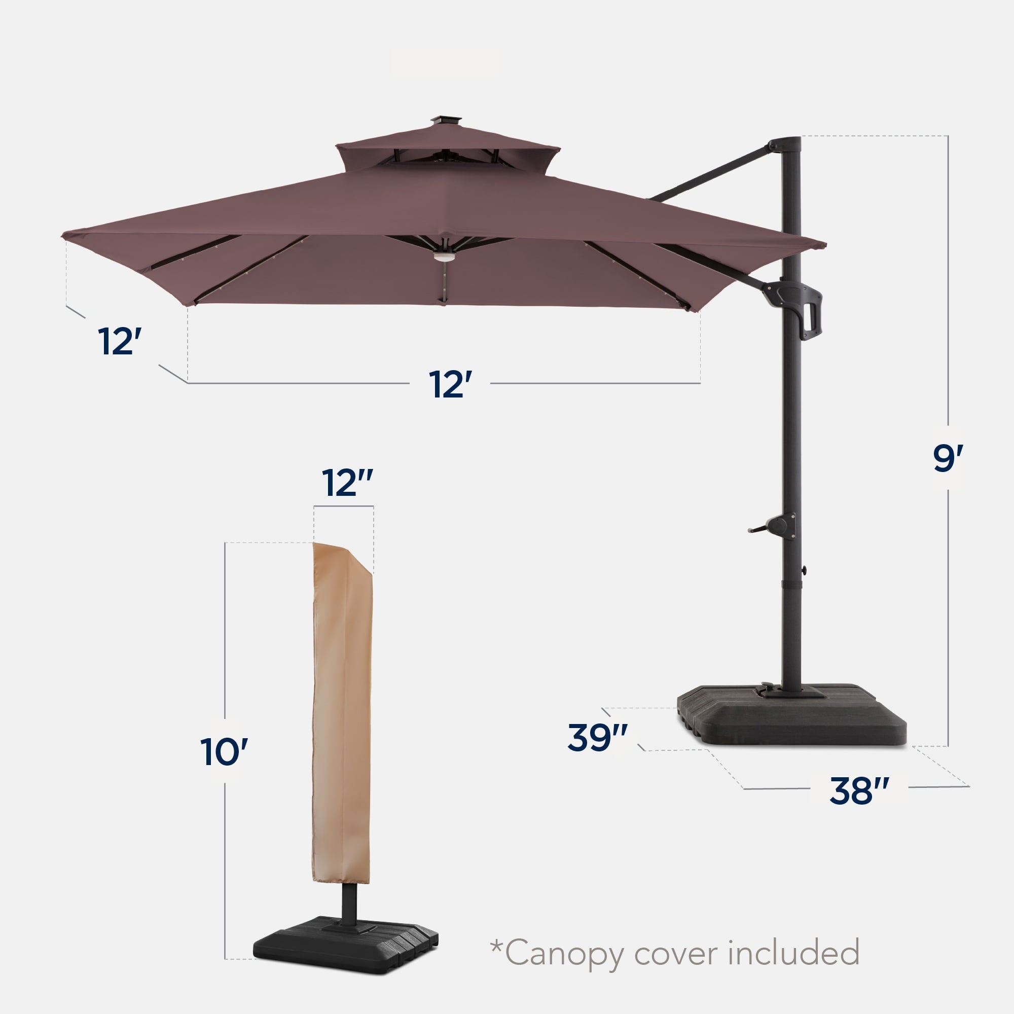 Best Choice Products 12x12ft 2-Tier Square Outdoor Solar LED Cantilever Umbrella w/ 360-Rotating Base   Gray