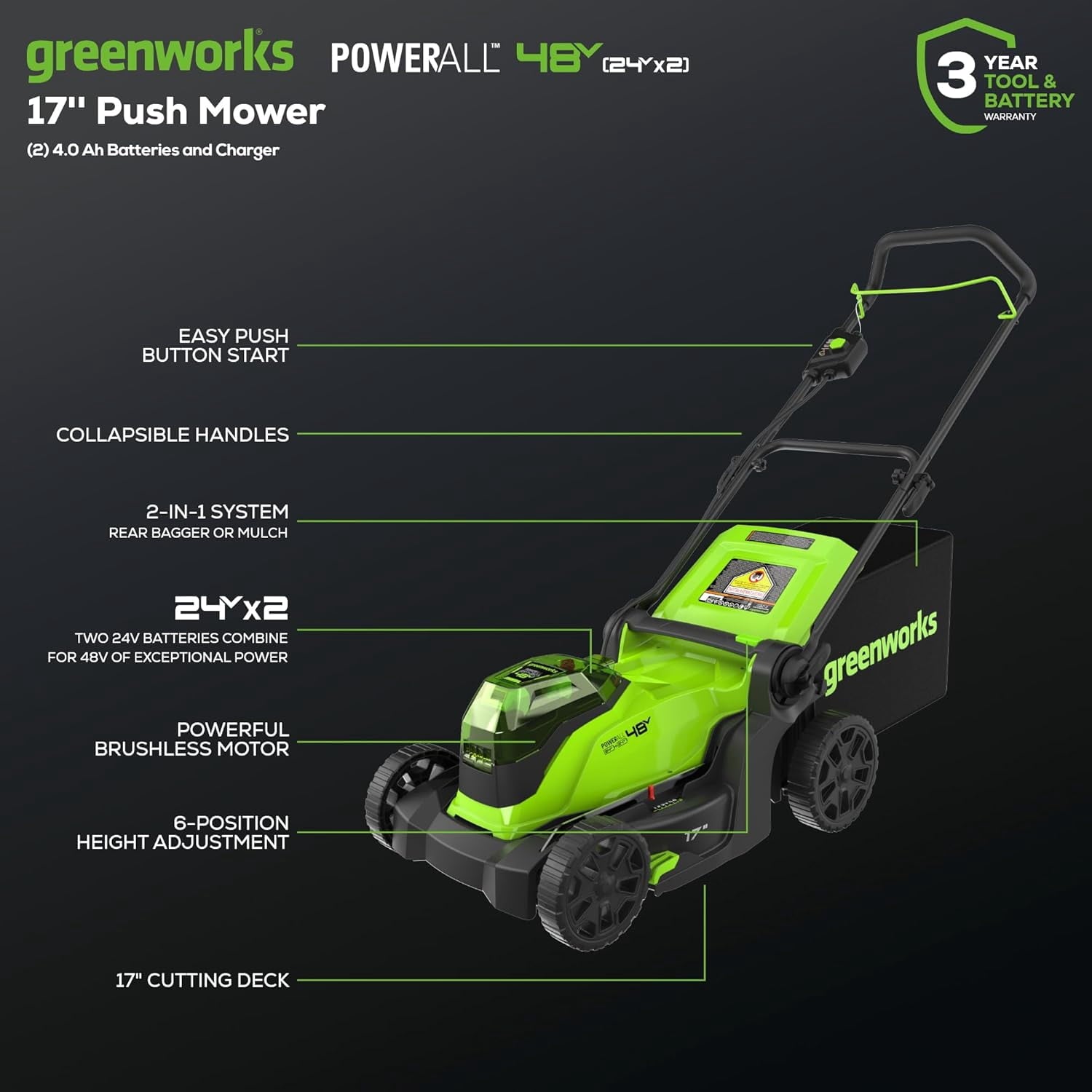 Greenworks 48V (24V x 2) 17 Brushless Cordless Push Lawn Mower, Includes (2) 4.0Ah Batteries and Dual Port Rapid Charger (200+ Compatible Tools, 45-Min Runtime)