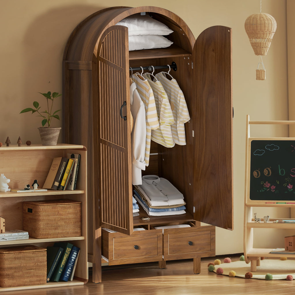 Oubayajia Arched Armoire Wardrobe Closet with Fluted Doors, Wooden Wardrobe Closet with Drawers, Shelves and Hanging Rod for Bedroom
