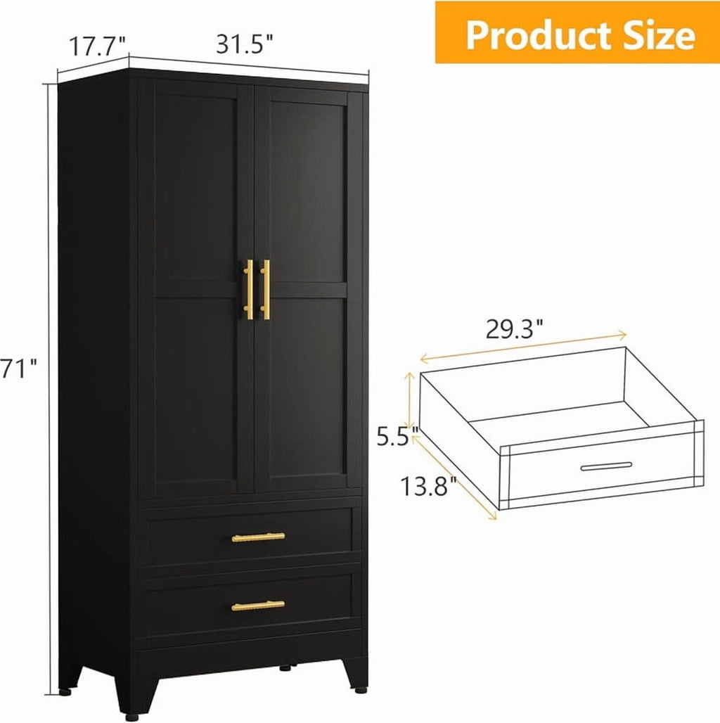 EROSOEI Metal Freestanding Armoire Wardrobe Clost With Hanging Rod and Drawers