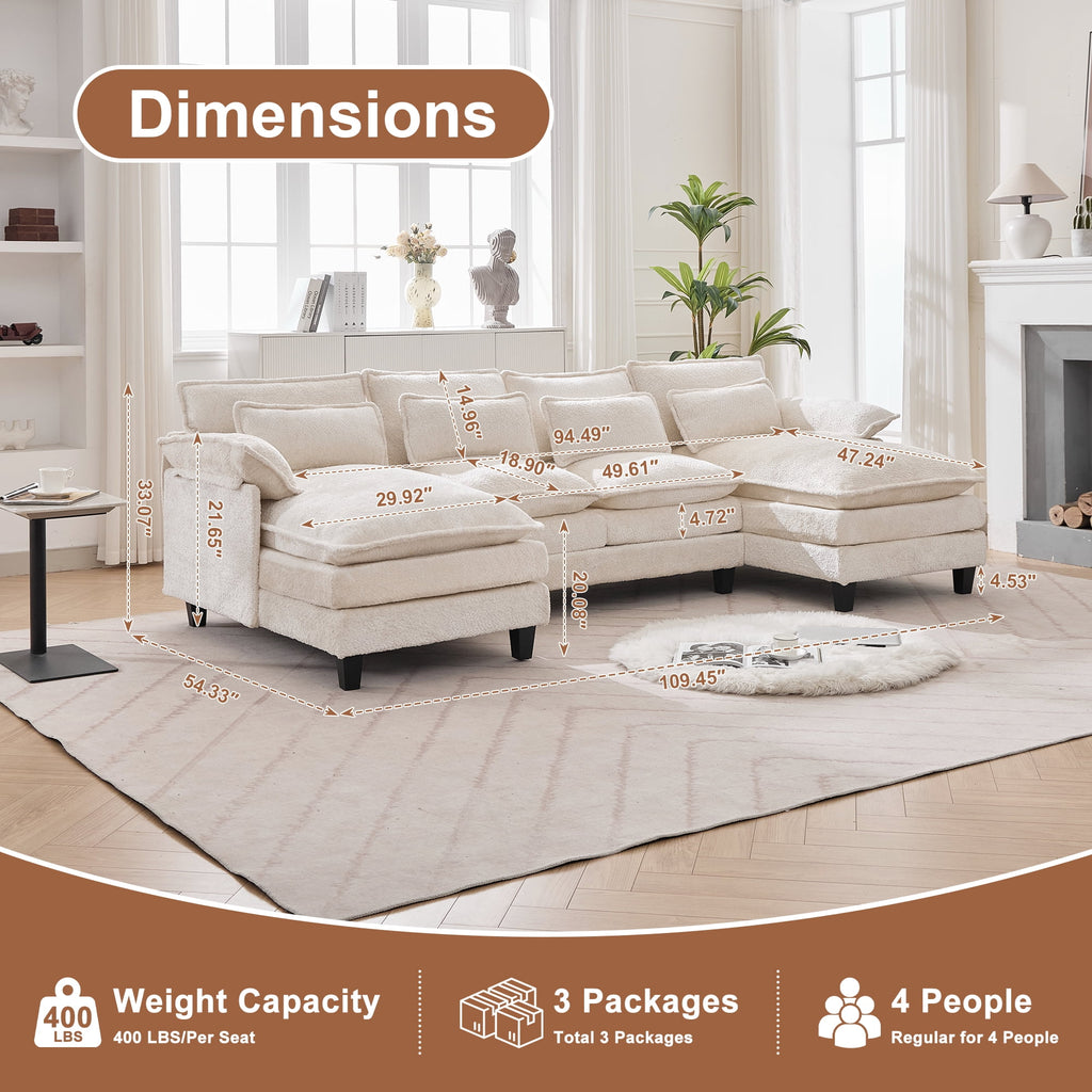 JONPONY109.45 U Shaped Couch,Oversized 4 Seat Sectional with 4 Waist Pillows, Convertible Upholstery Symmetrical Sofá,Sleeper Sofa Couch with Double Chaise Lounge &Memory Foam for Living Room, Beige