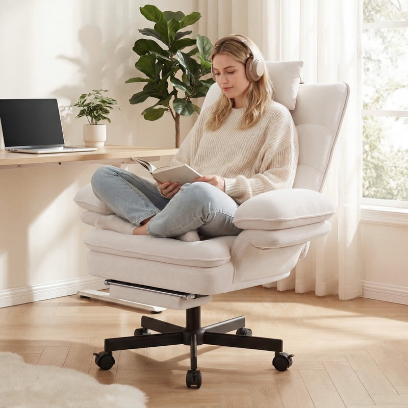 Hawsaiy Big and Tall Office Chair with Footrest, Ergonomic Executive Desk Chair with Flip-Up Arms, Reclining High Back Computer Chair with Headrest & Side Pockets, White