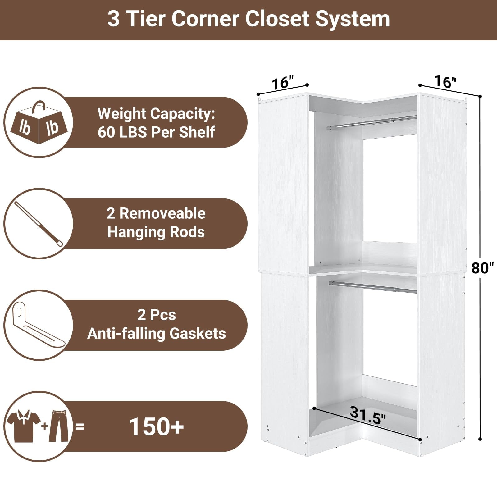 Homieasy 32'' W Corner Closet System with Hanging Rod, White